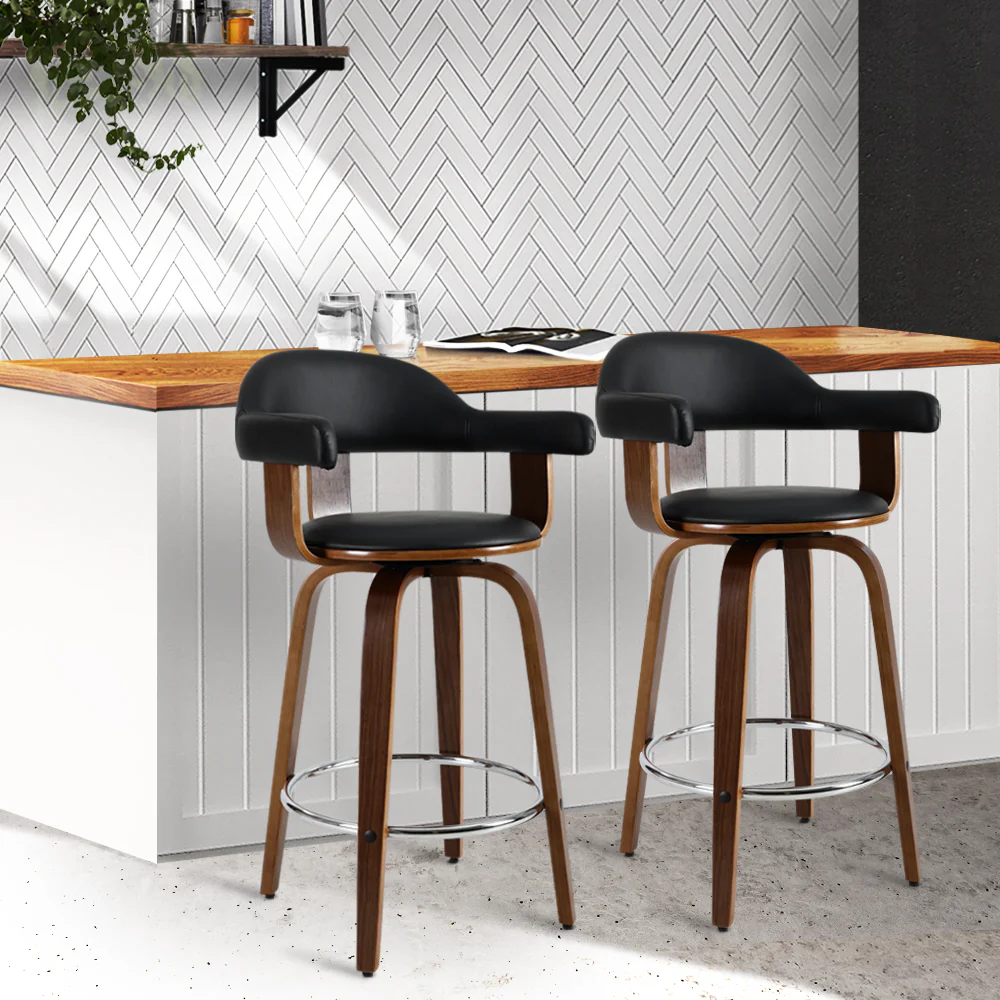 Artiss 2x Bar Stools Leather Seat Wooden Legs - Image 8