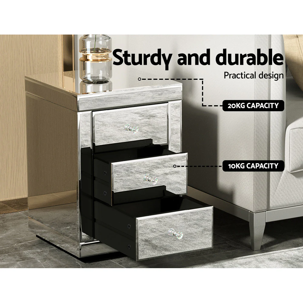 Artiss Set of 2 Bedside Table 3 Drawers Mirrored Glass - PRESIA Silver - Image 6