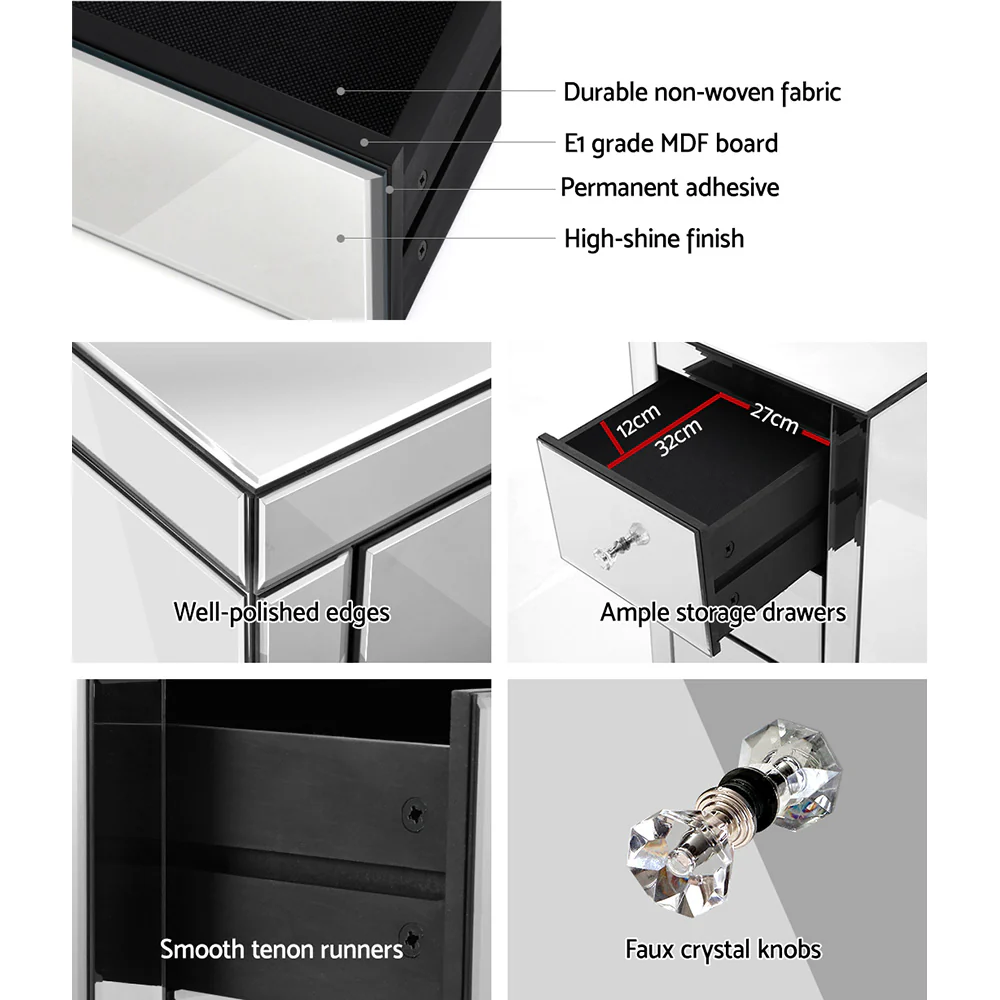 Artiss Set of 2 Bedside Table 3 Drawers Mirrored Glass - PRESIA Silver - Image 7
