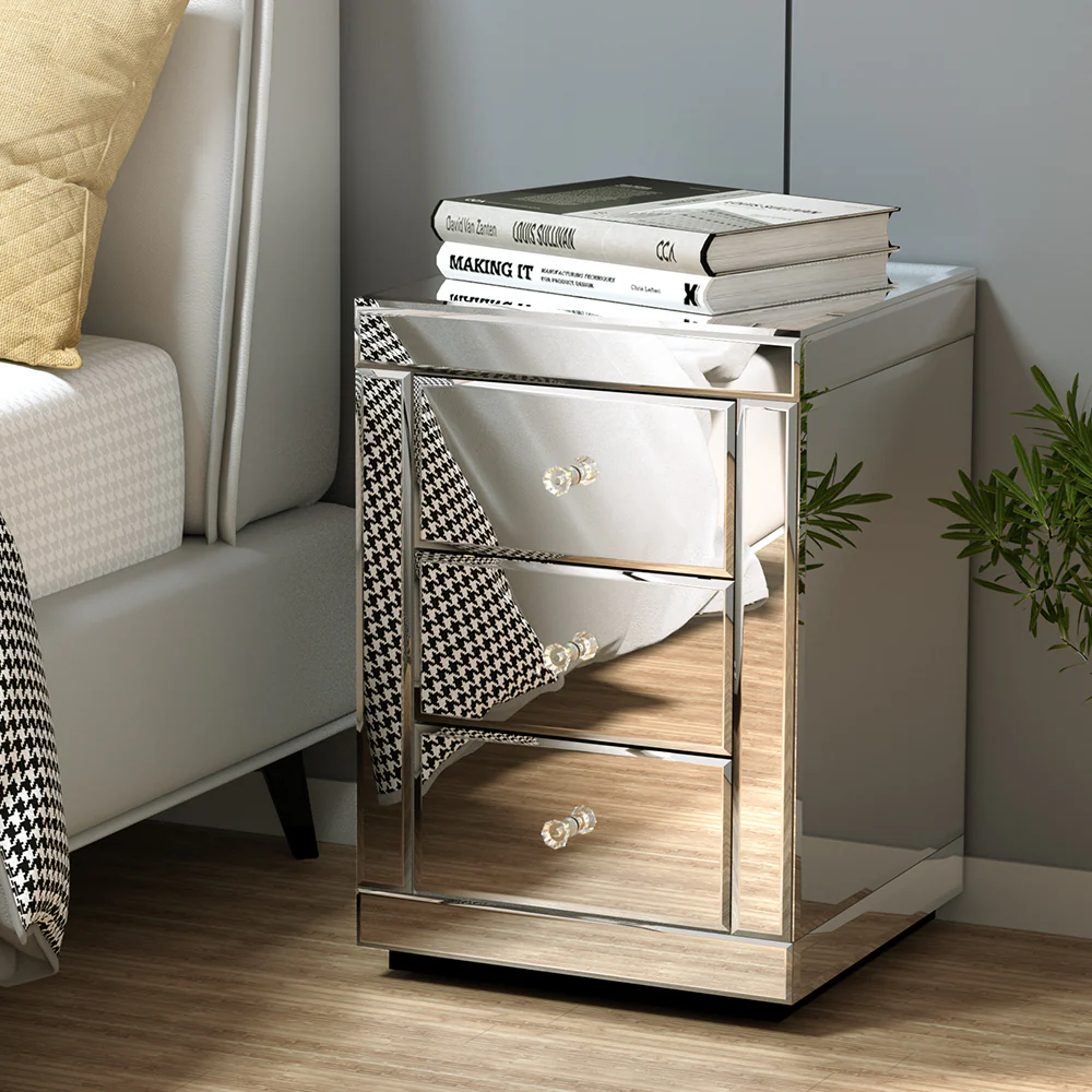 Artiss Set of 2 Bedside Table 3 Drawers Mirrored Glass - PRESIA Silver - Image 8