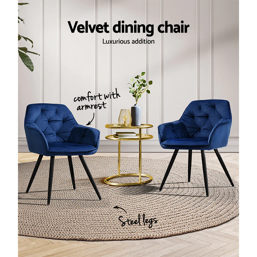 Artiss Dining Chairs Set of 2 Velvet Diamond Tufted Armchair Blue - Image 5