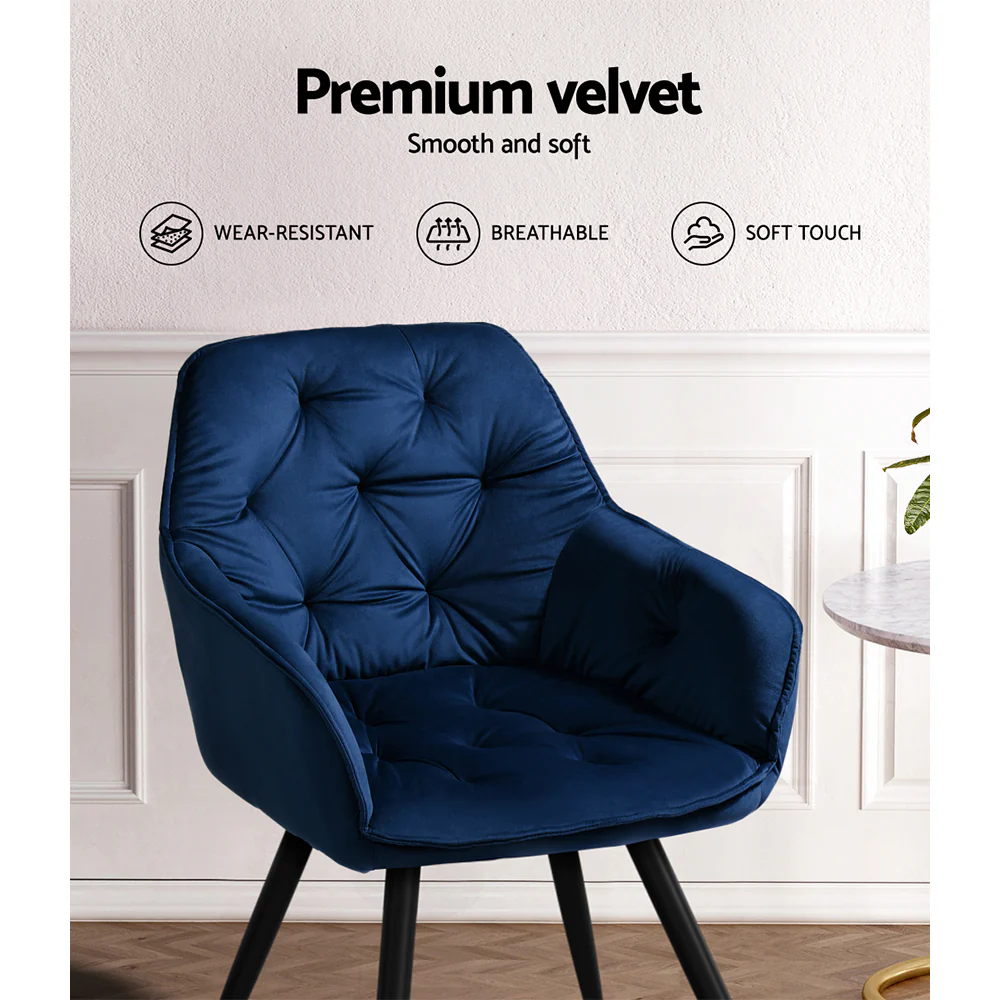 Artiss Dining Chairs Set of 2 Velvet Diamond Tufted Armchair Blue - Image 7
