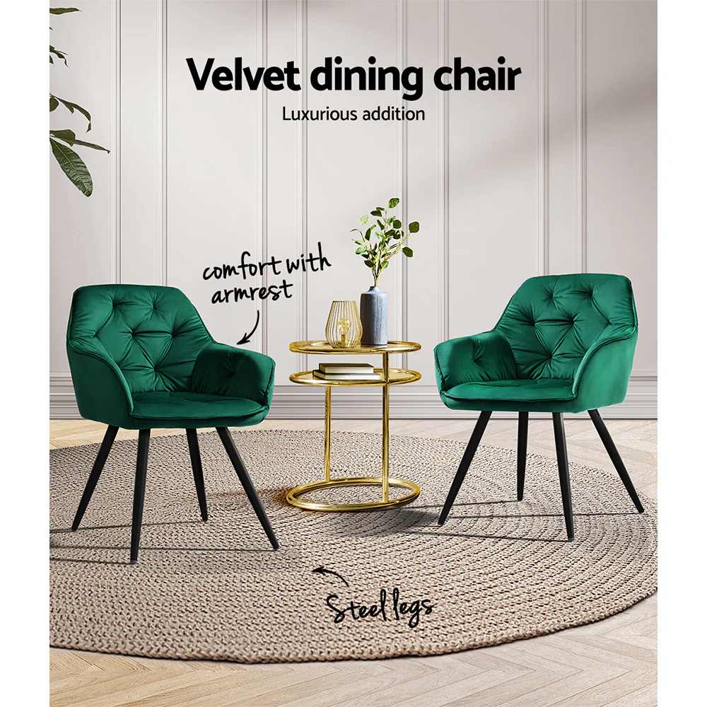 Artiss Dining Chairs Set of 2 Velvet Diamond Tufted Armchair Green - Image 5