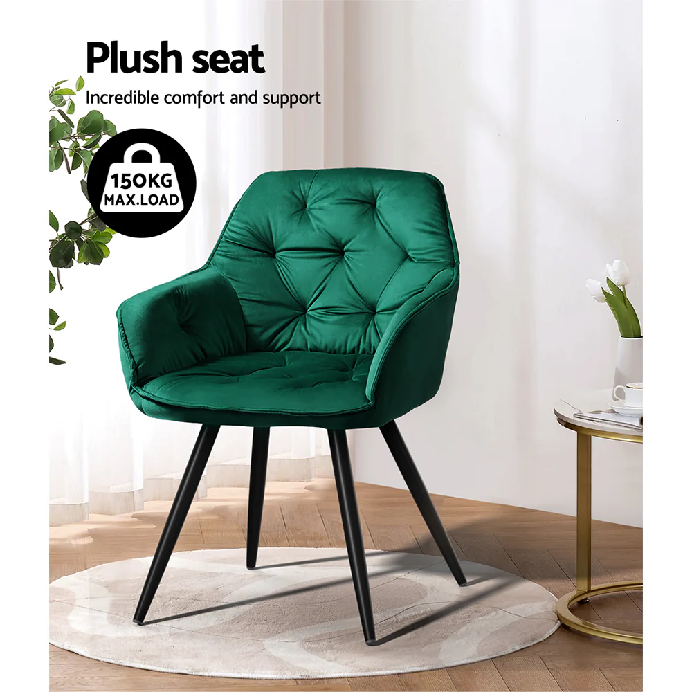 Artiss Dining Chairs Set of 2 Velvet Diamond Tufted Armchair Green - Image 6