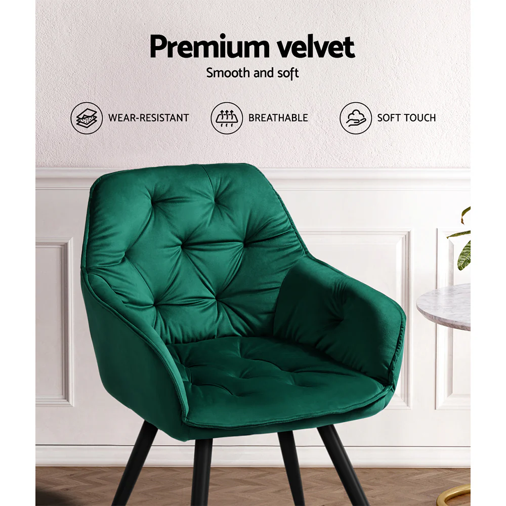Artiss Dining Chairs Set of 2 Velvet Diamond Tufted Armchair Green - Image 7