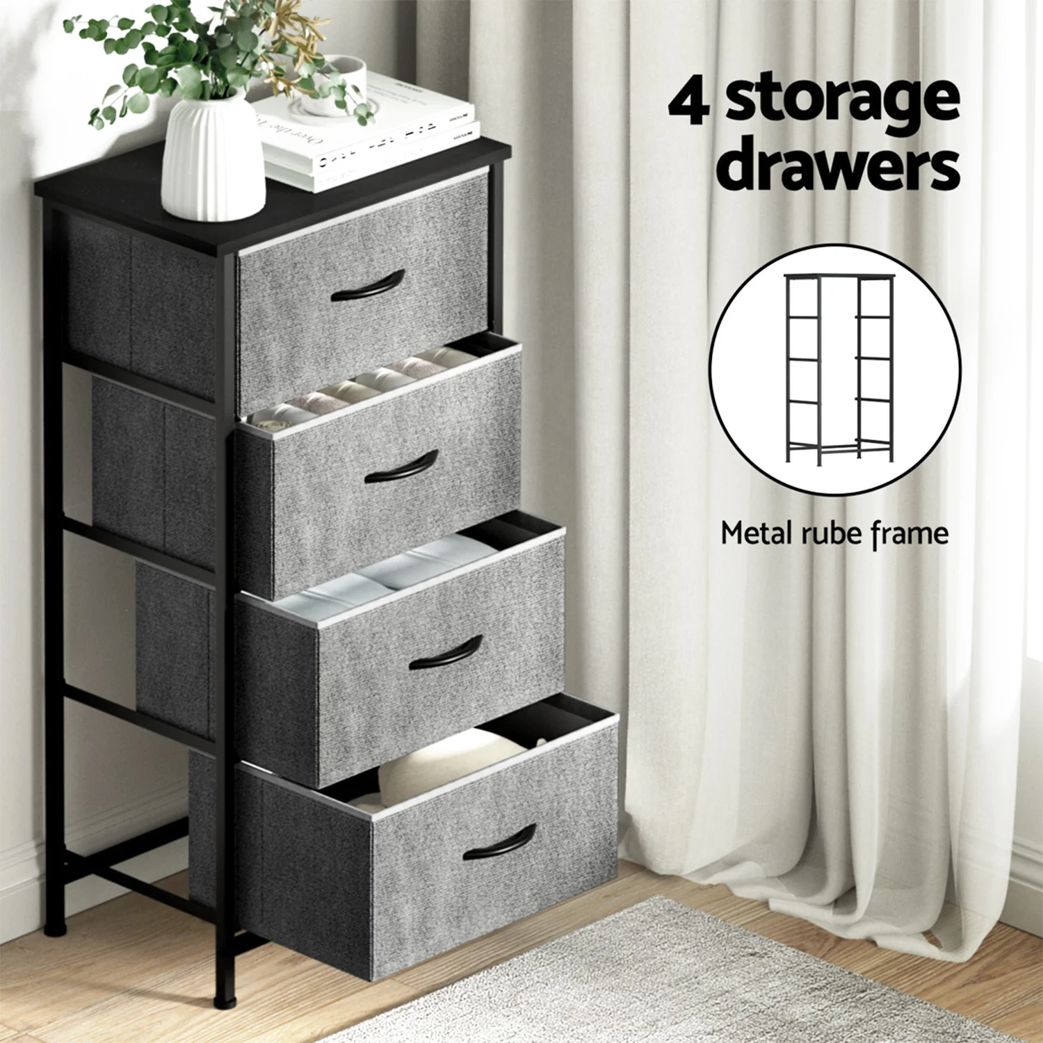 Artiss Set of 2 Chest of 4 Drawers Storage Dresser Tallboy Grey - Image 4