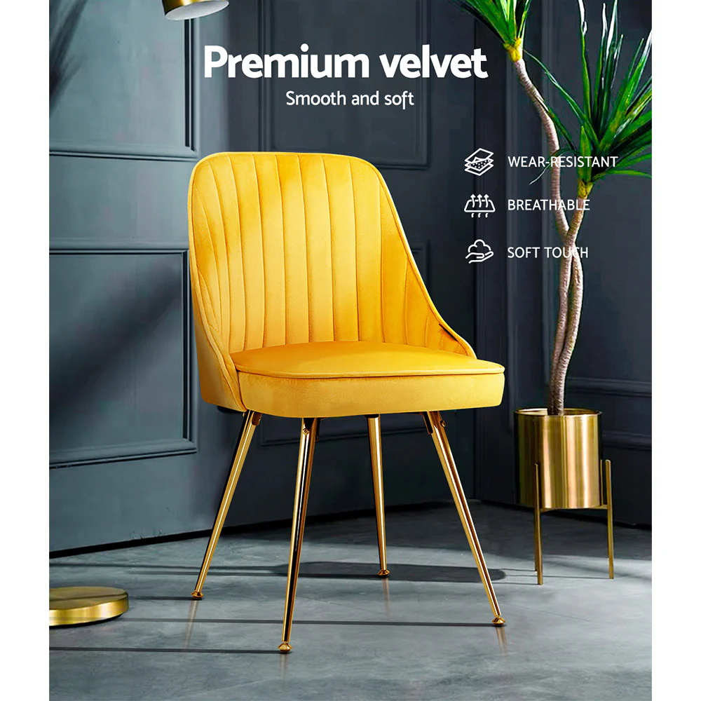 Artiss Dining Chairs Set of 2 Velvet Channel Tufted Yellow - Image 6