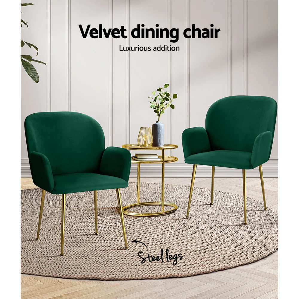 Artiss Dining Chairs Set of 2 Velvet Armchair Green - Image 5