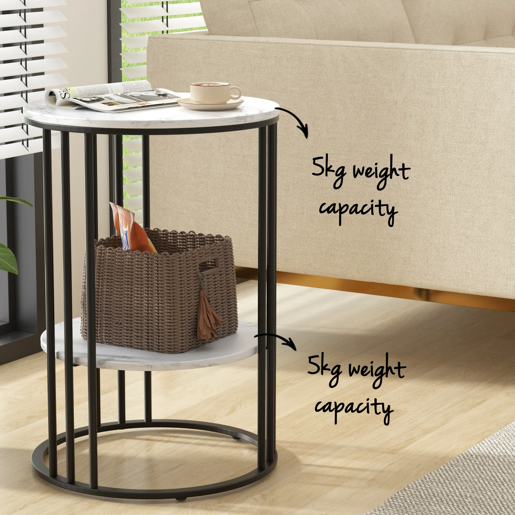 Artiss Set of 2 Side Table Coffee Table 2-Tier Round Marble Effect - Image 5