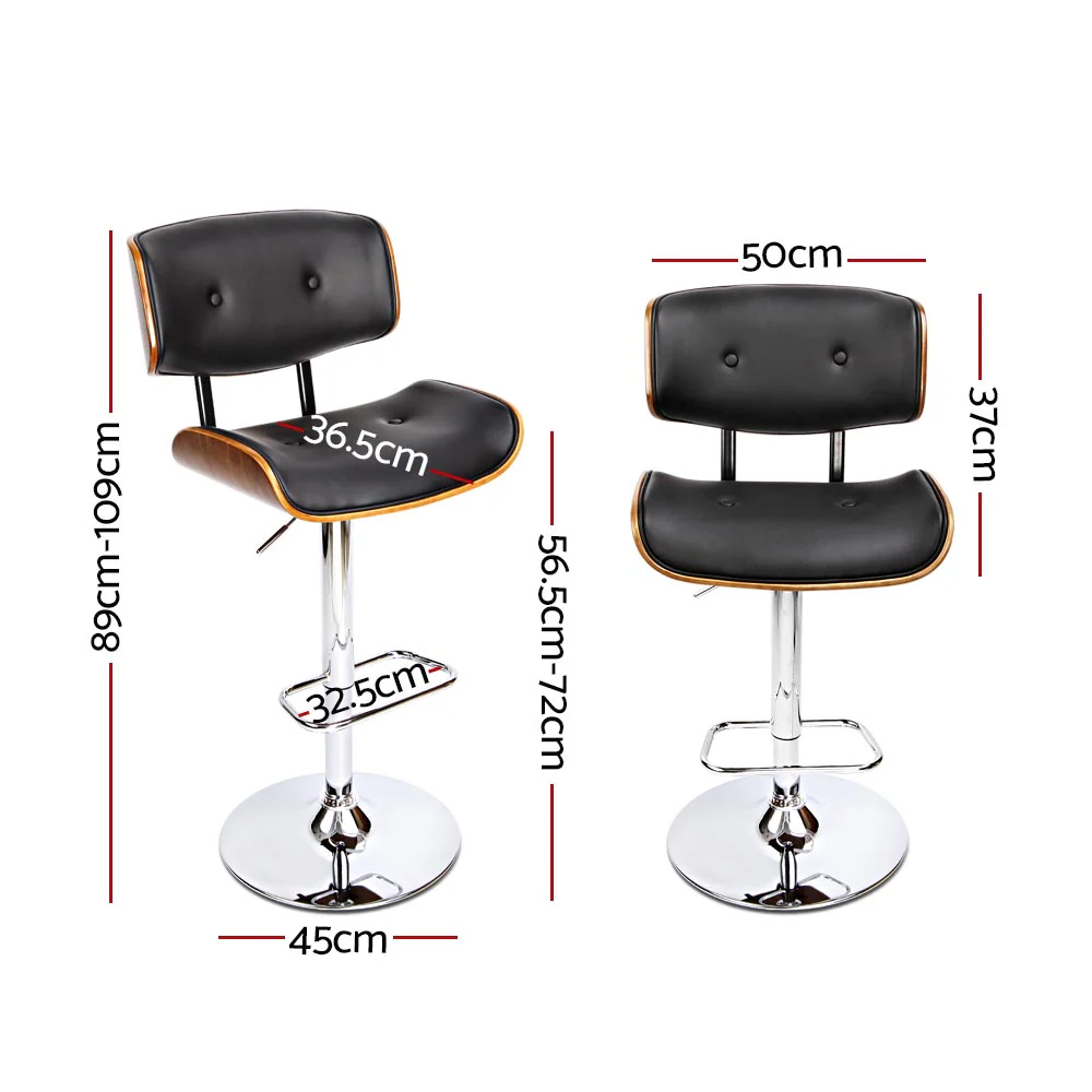 Artiss 2x Bar Stools Gas Lift Leather Black - Image 2
