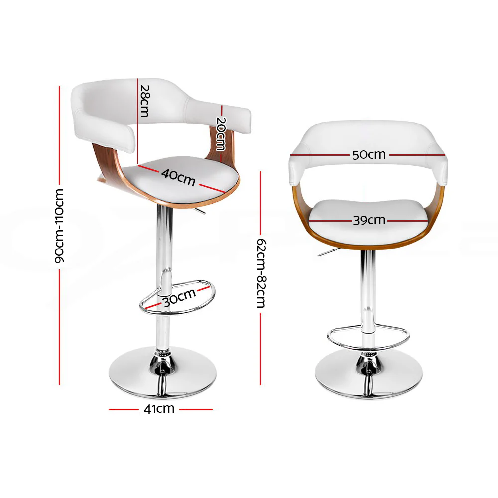 Artiss 2x Bar Stools Gas Lift Leather w/Armrest White - Image 2