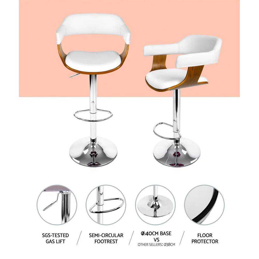 Artiss 2x Bar Stools Gas Lift Leather w/Armrest White - Image 6
