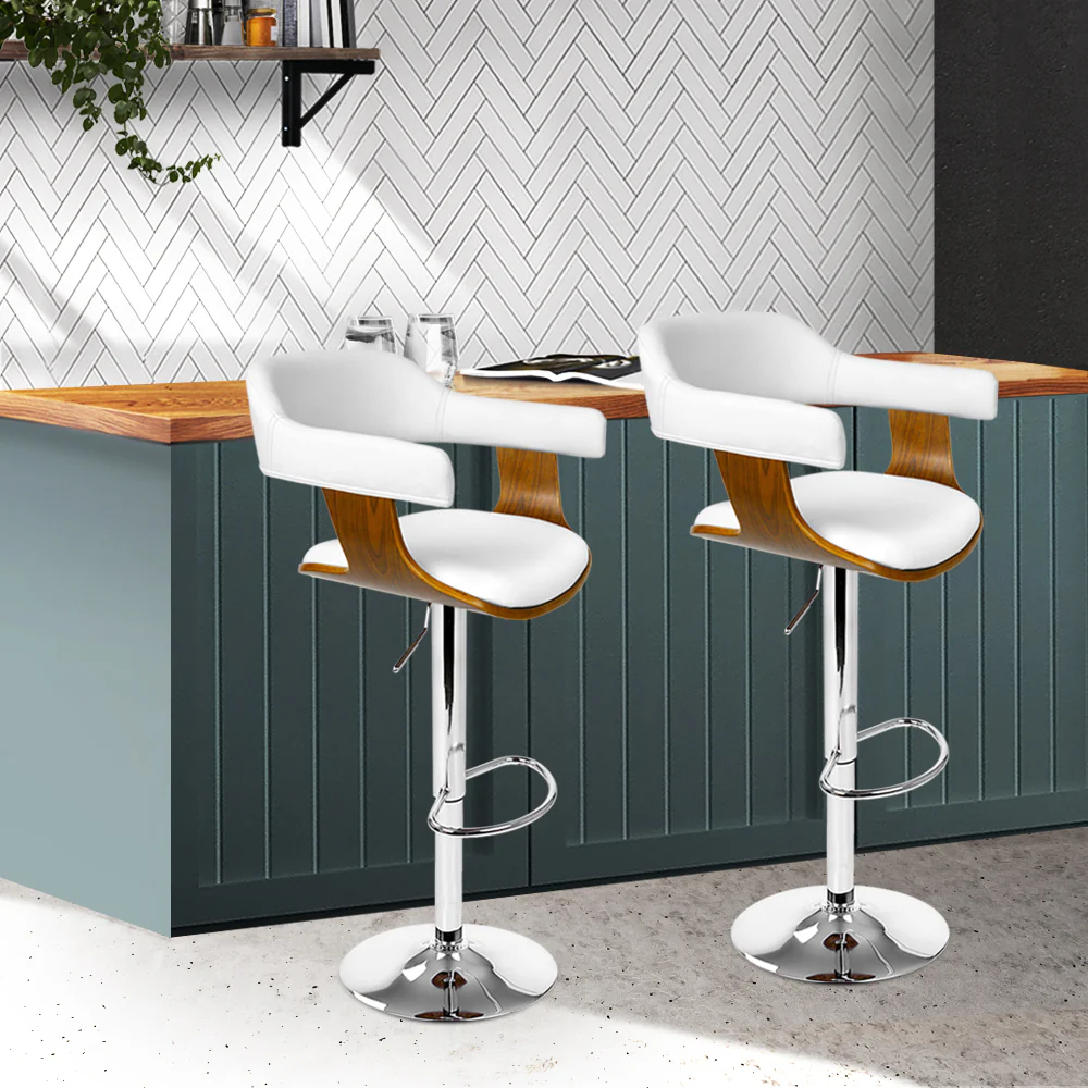 Artiss 2x Bar Stools Gas Lift Leather w/Armrest White - Image 8