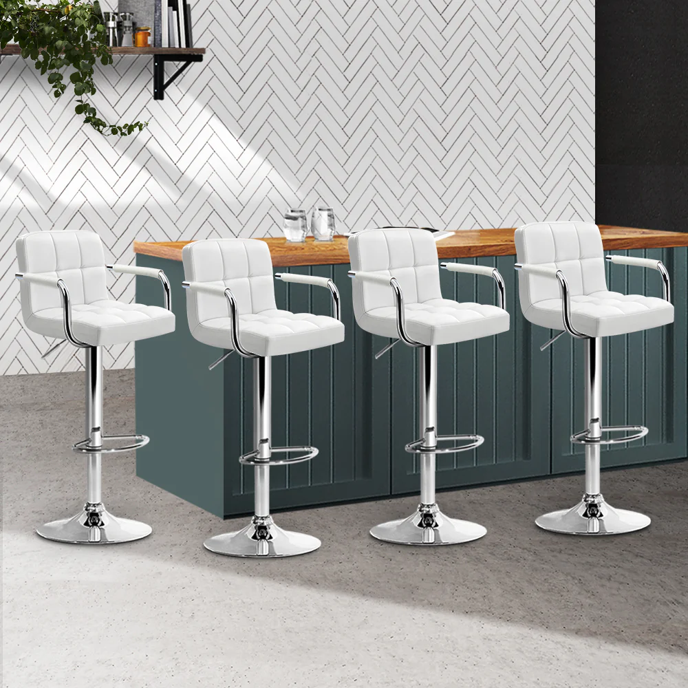 Artiss 4x Bar Stools Leather Gas Lift w/Armrest White - Image 2
