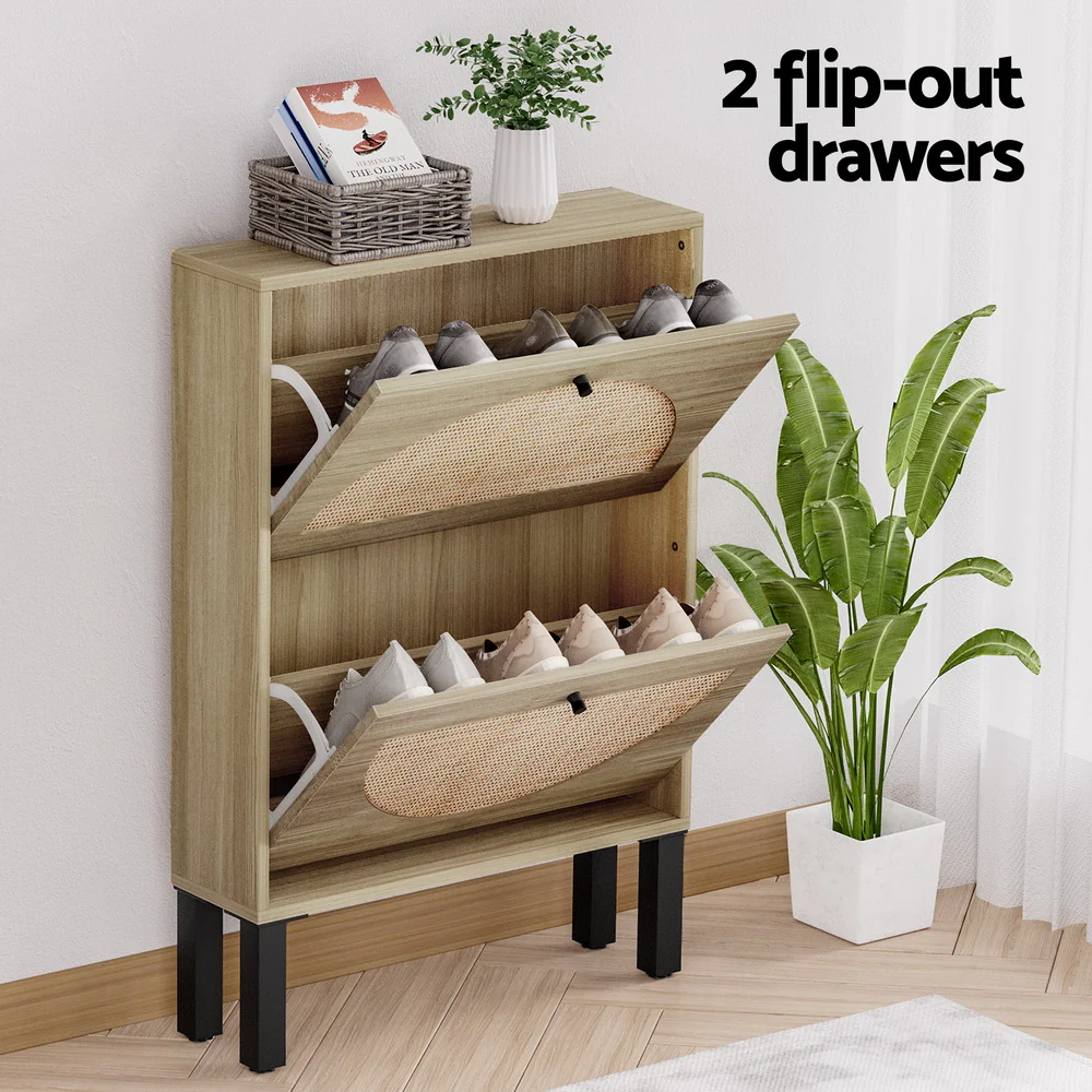 Artiss Shoe Cabinet 2 Drawers Rattan 6 Pairs - Image 5
