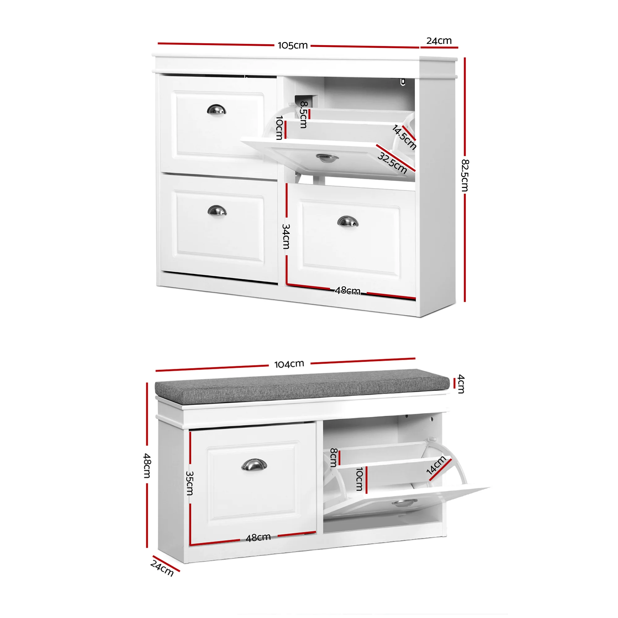 Artiss Shoe Cabinet Bench Set Flip Drawer Hallway Living Room White - Image 3