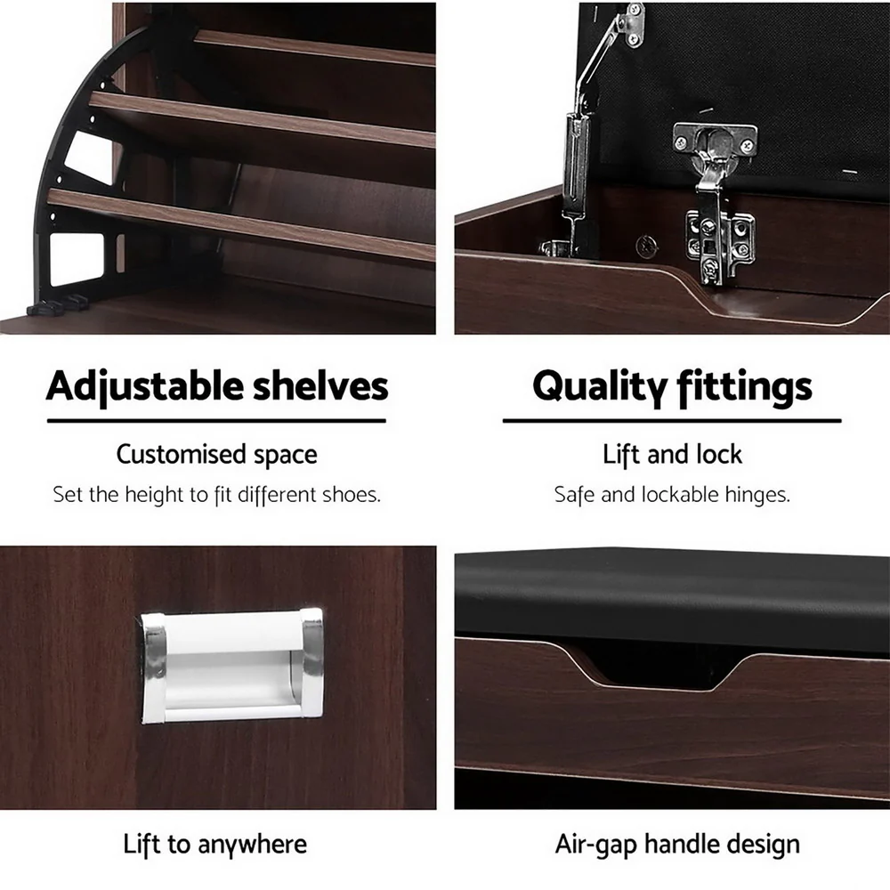 Artiss Shoe Rack Cabinet Bench 3-tier 15 Pairs Walnut - Image 6
