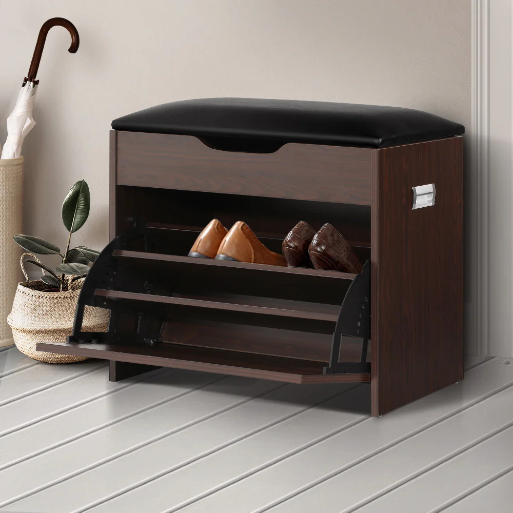 Artiss Shoe Rack Cabinet Bench 3-tier 15 Pairs Walnut - Image 8