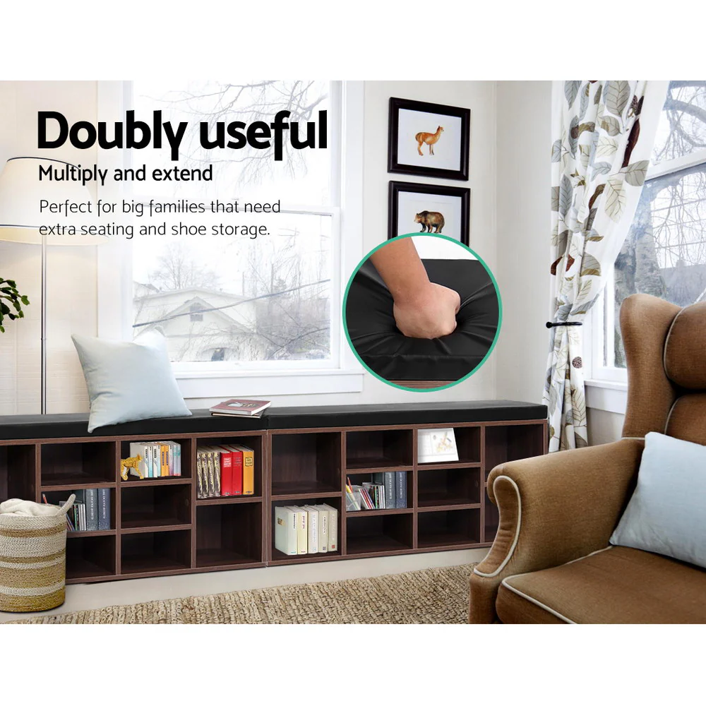 Artiss Shoe Rack Cabinet Bench 10 Cubes - Walnut - Image 5
