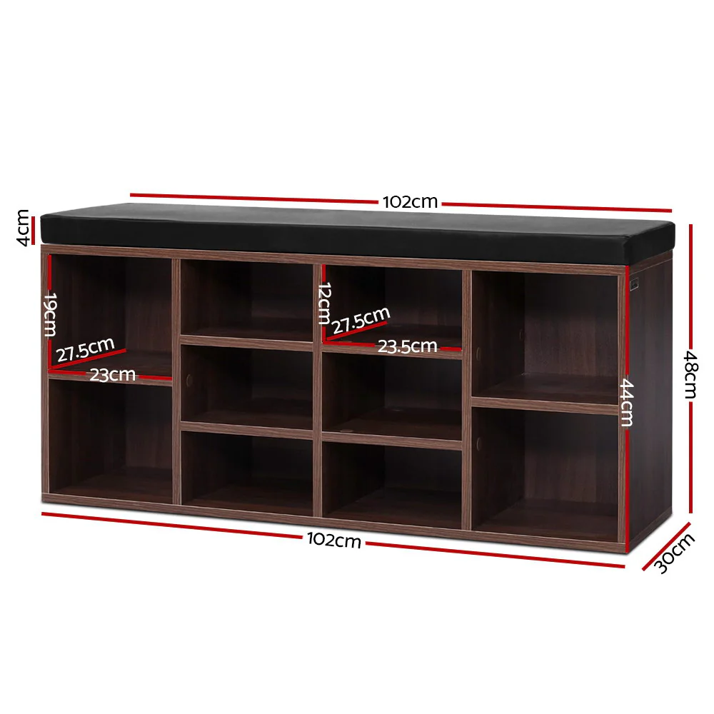 Artiss Shoe Rack Cabinet Bench 10 Cubes - Walnut - Image 7