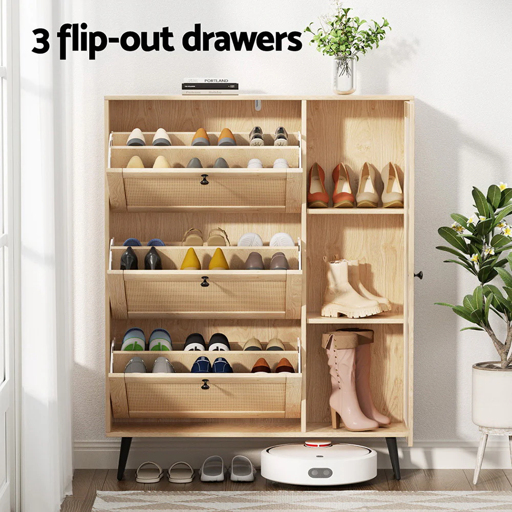 Artiss Shoe Rack Cabinet 3 Flip-out Drawers Pine - Image 5