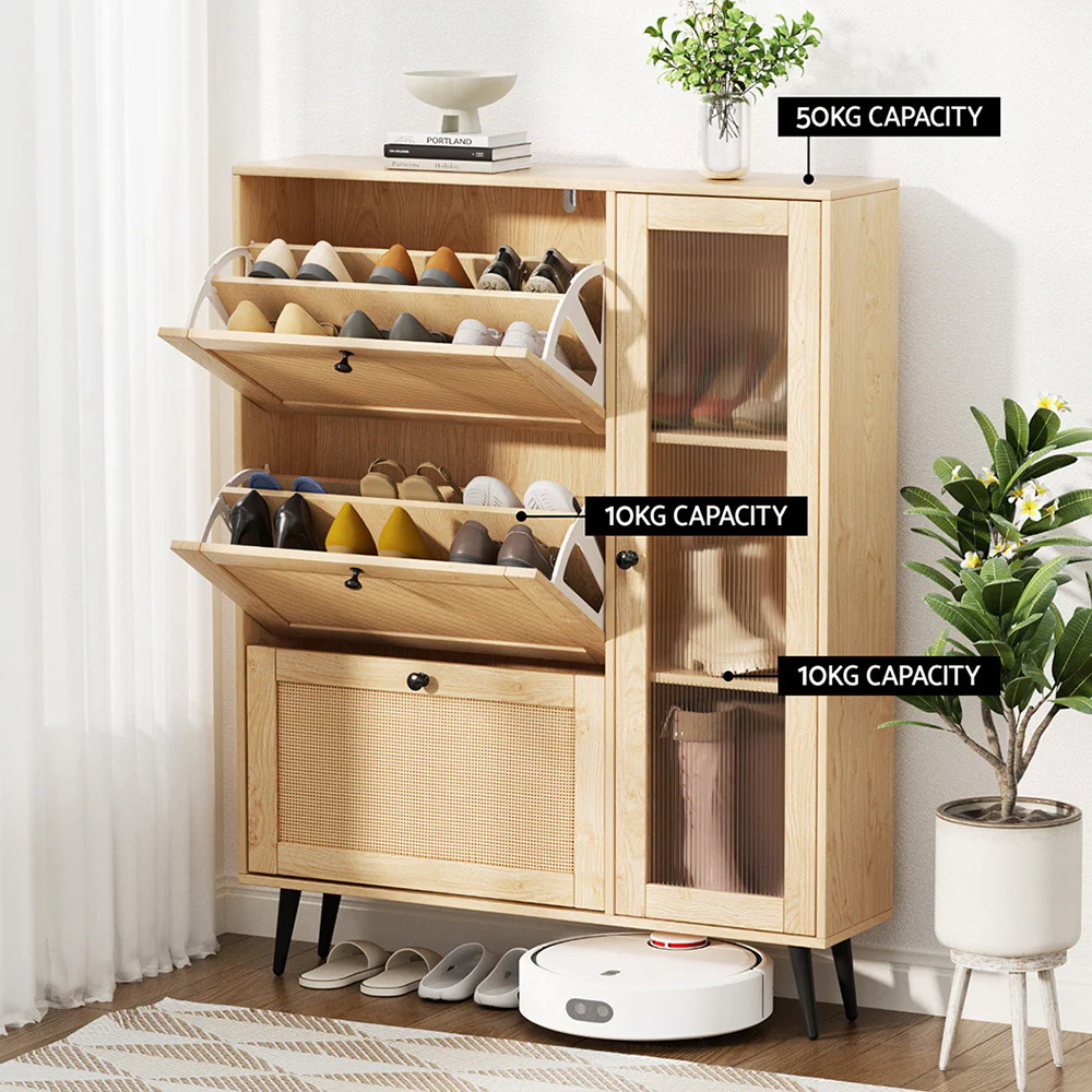 Artiss Shoe Rack Cabinet 3 Flip-out Drawers Pine - Image 7