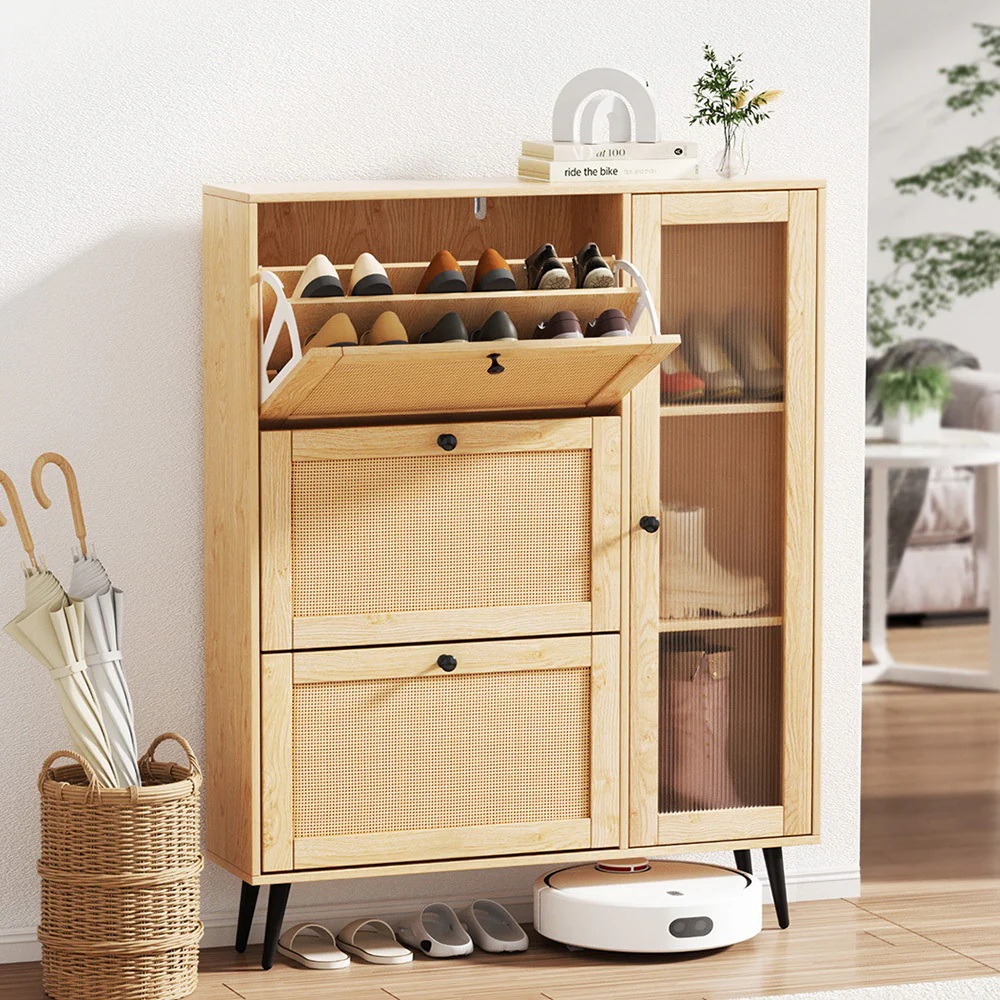 Artiss Shoe Rack Cabinet 3 Flip-out Drawers Pine - Image 8
