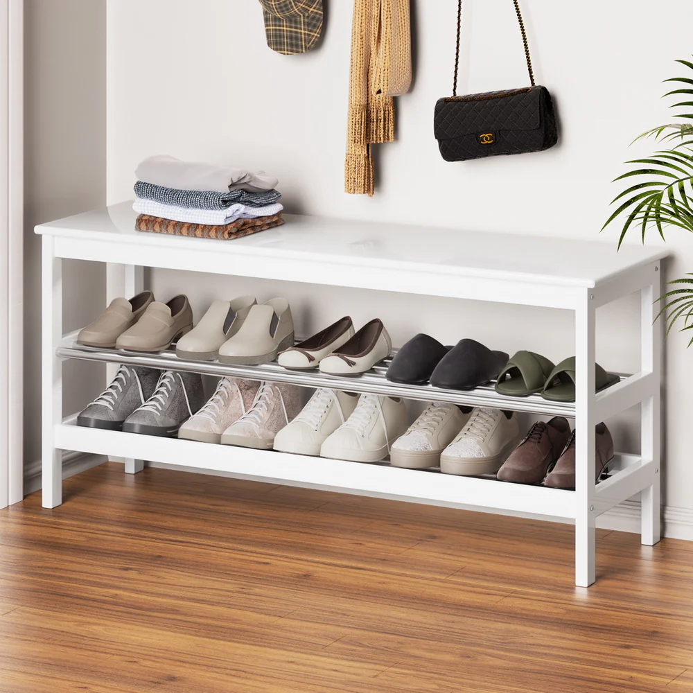Artiss Shoe Rack Cabinet Bamboo Bench 10 Paris White - Image 5