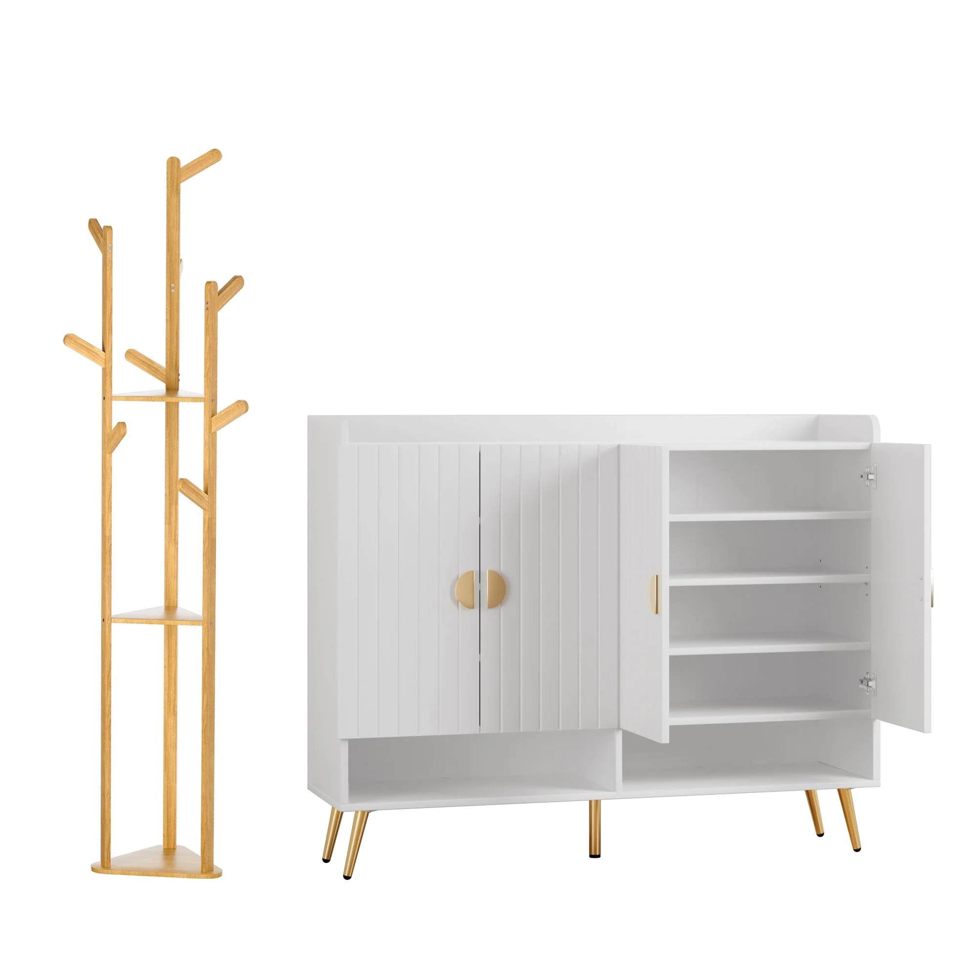 Artiss Shoe Rack Cabinet & Clothes Rack Set Storage Shelf White Pine - Image 2