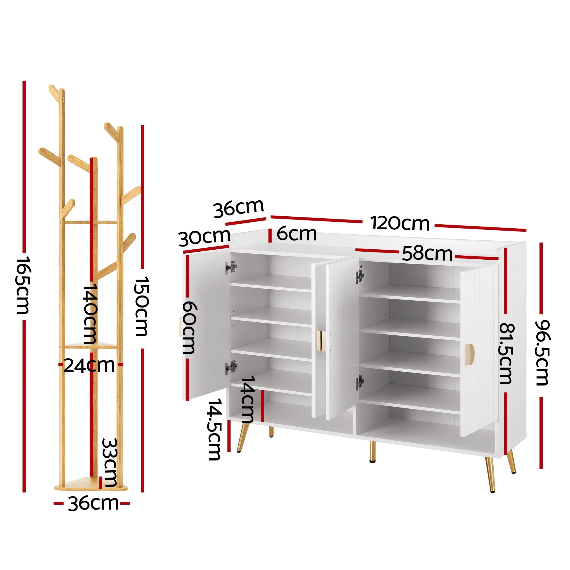 Artiss Shoe Rack Cabinet & Clothes Rack Set Storage Shelf White Pine - Image 3