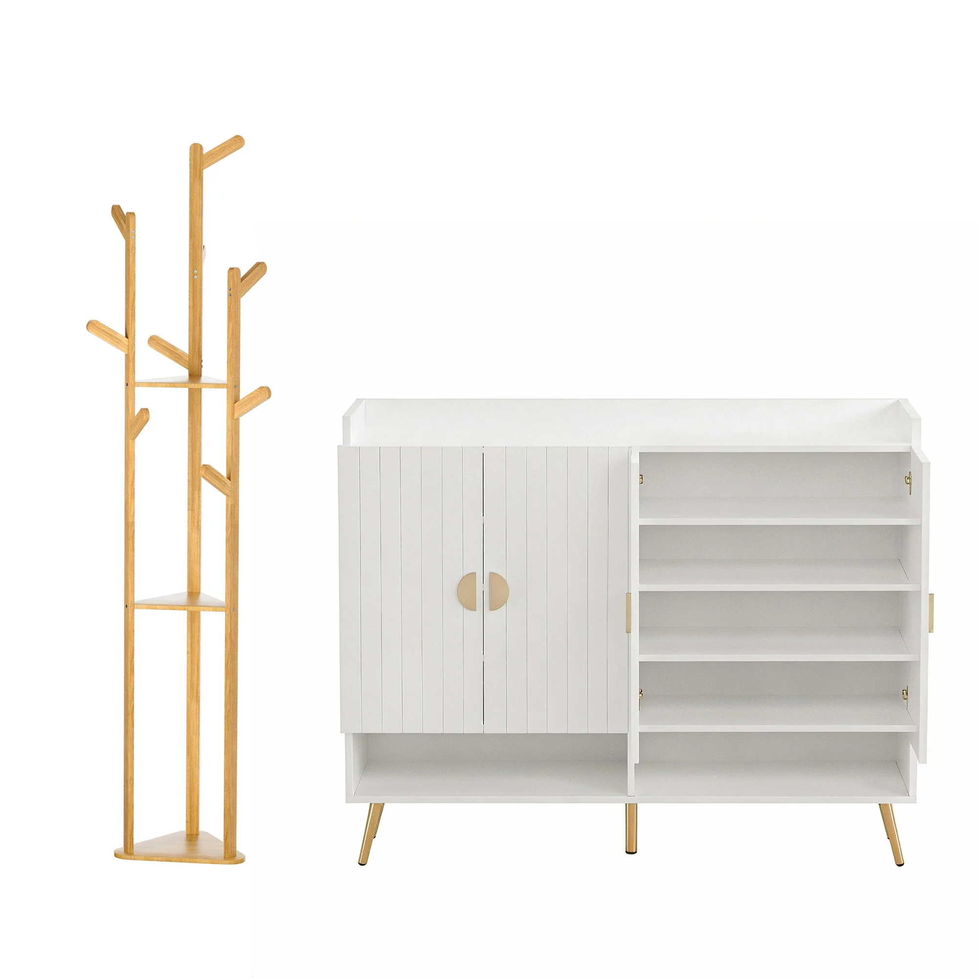 Artiss Shoe Rack Cabinet & Clothes Rack Set Storage Shelf White Pine - Image 4