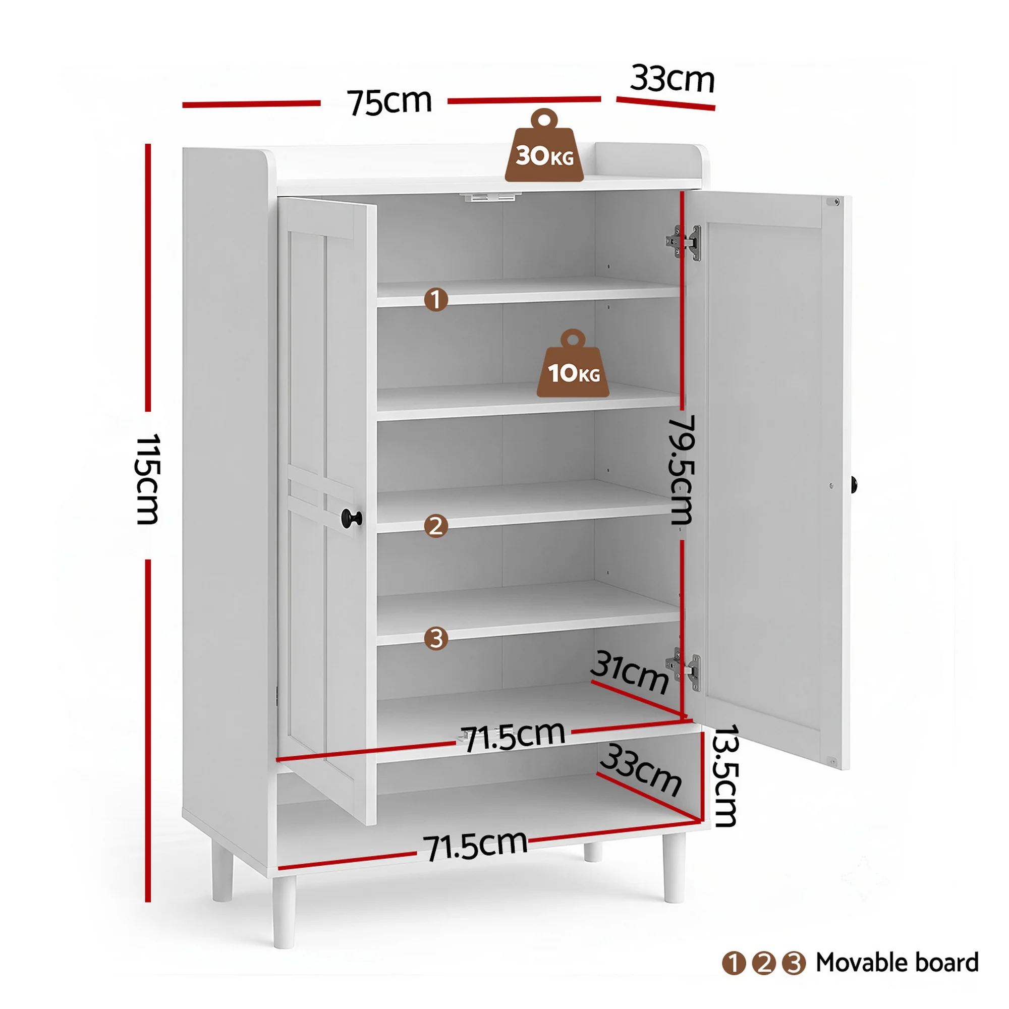 Artiss Shoe Rack Cabinet Storage Cupboard 3 Adjustable Shelves White - Image 3