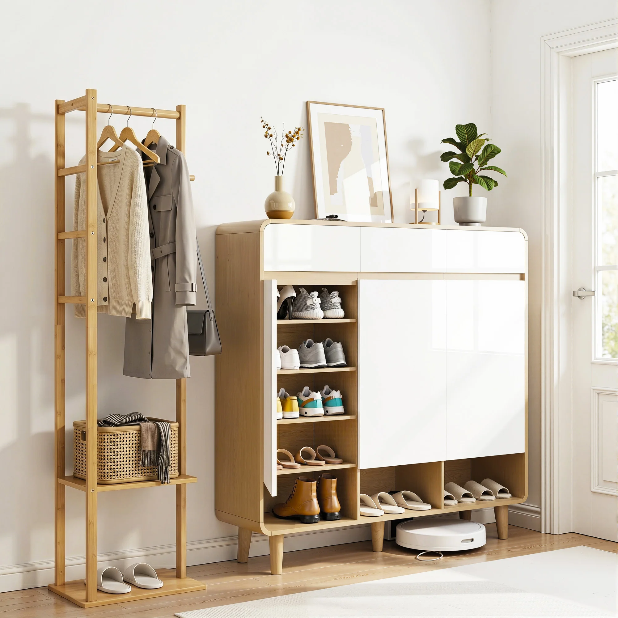 Artiss Shoe Rack Cabinet Wooden & Bamboo Clothes Rack Set Storage Shelf White Pine