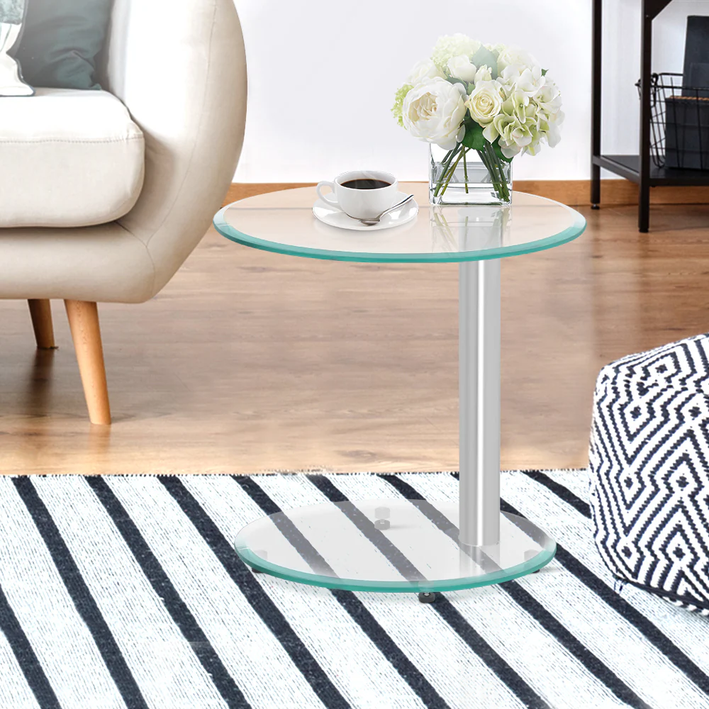 Artiss Coffee Table Round Tempered Glass Side End Beside Tables Cafe 45cm - Image 2
