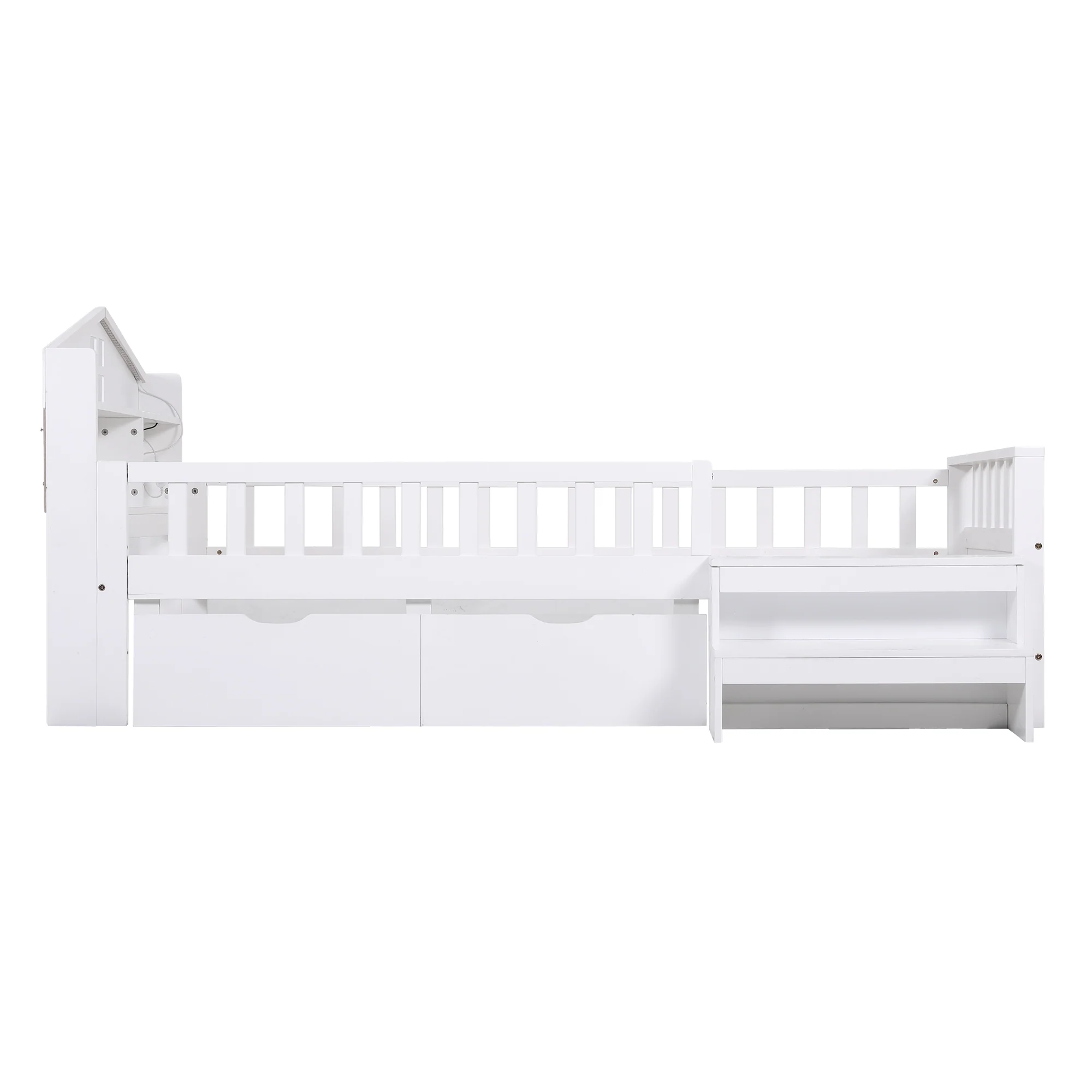 Artiss Single Bed Frame with 2 Storage Drawers, Montessori Bed with Headboard, 2 USB Ports & Led Light, Solid Wood Platform Bed Base with Safety Rail & Ladder, 31CM Under-Bed Storage, White - Image 3