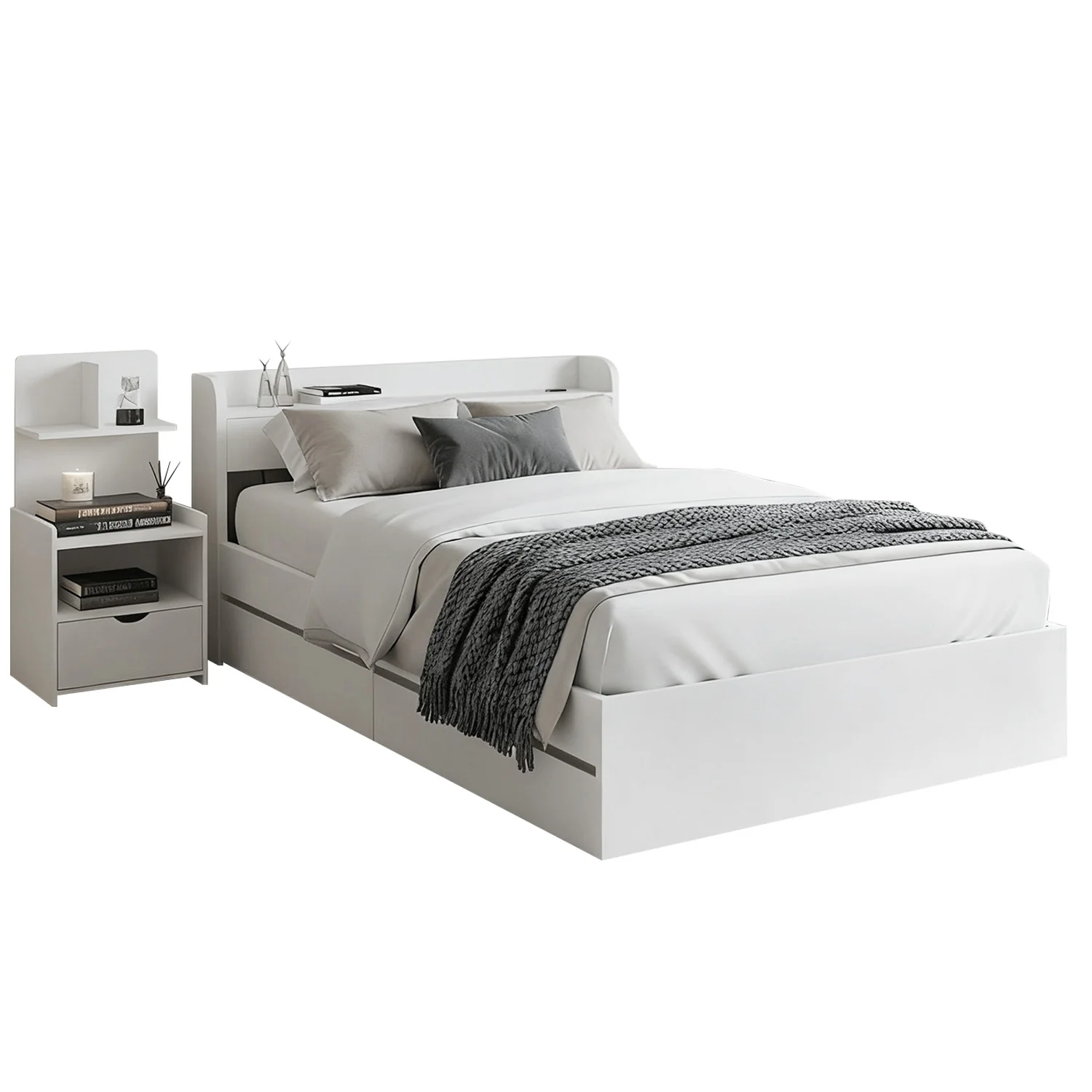 Artiss Single Bed Frame  with Charging Ports and Bedside Table
