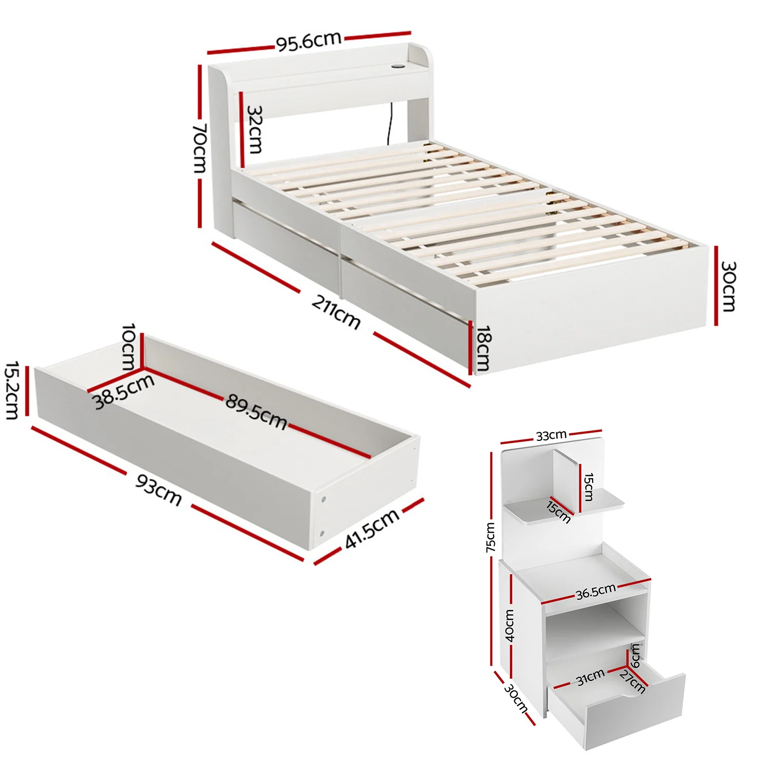 Artiss Single Bed Frame  with Charging Ports and Bedside Table - Image 2