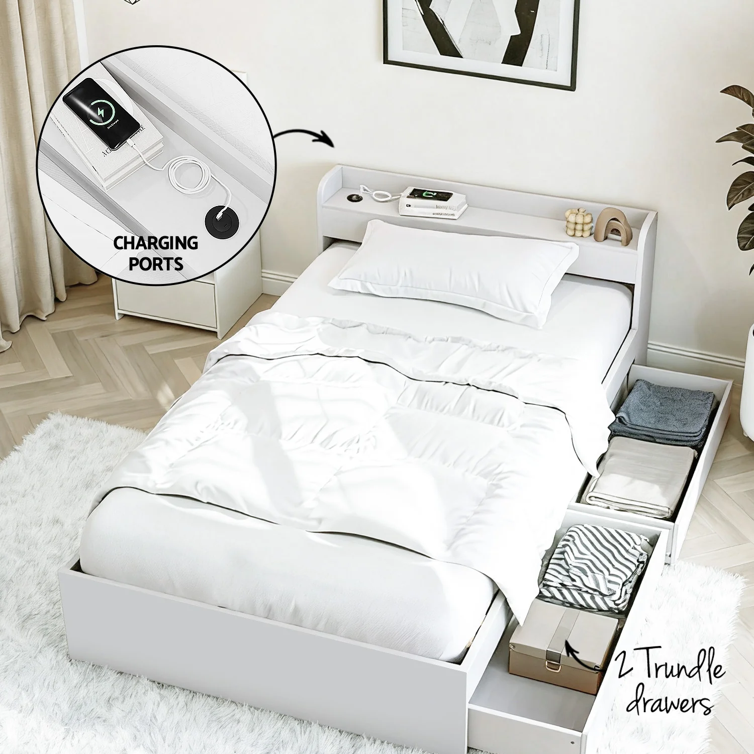 Artiss Single Bed Frame  with Charging Ports and Bedside Table - Image 5