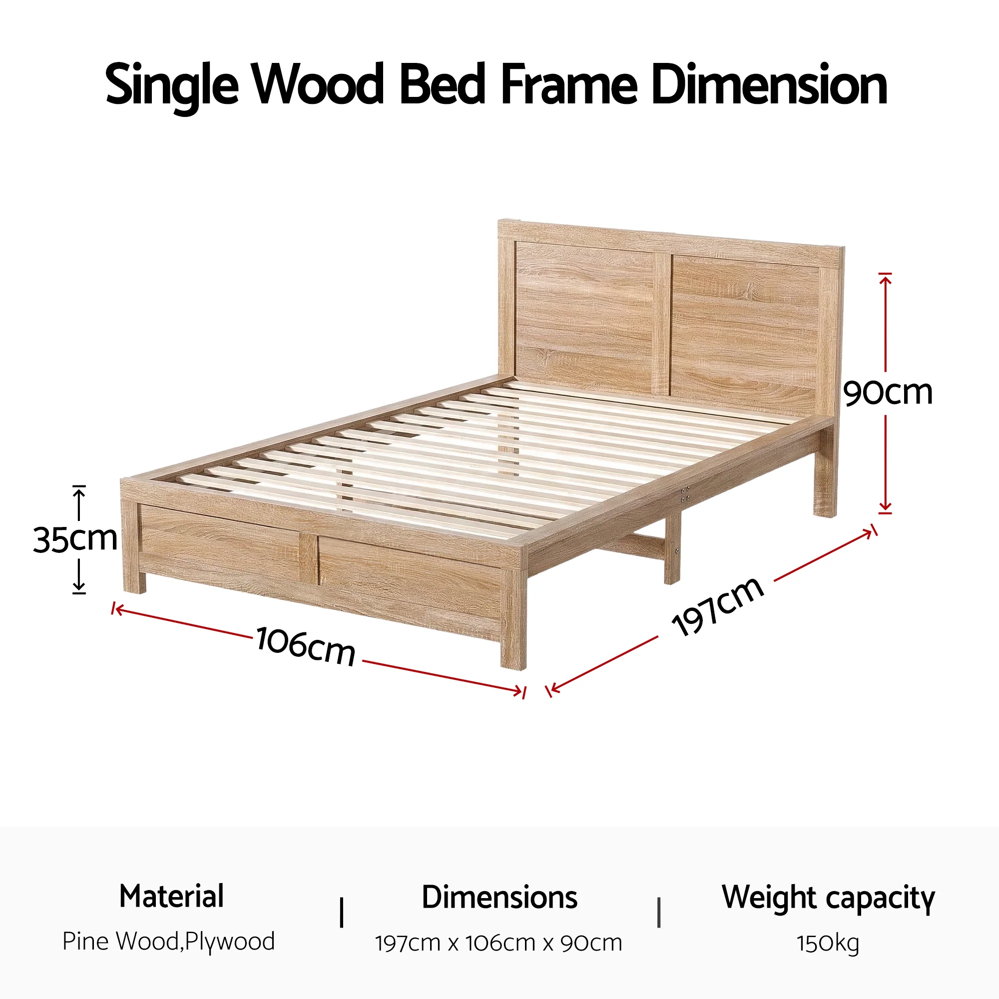Artiss Single Bed Frame with Headboard and Footboard, Wooden Bed Base with 21cm Under Bed Storage, 150kg Capacity Solid Platform Bed for Guest Room, Bedroom Furniture, Easy Assembly, Walnut - Image 3