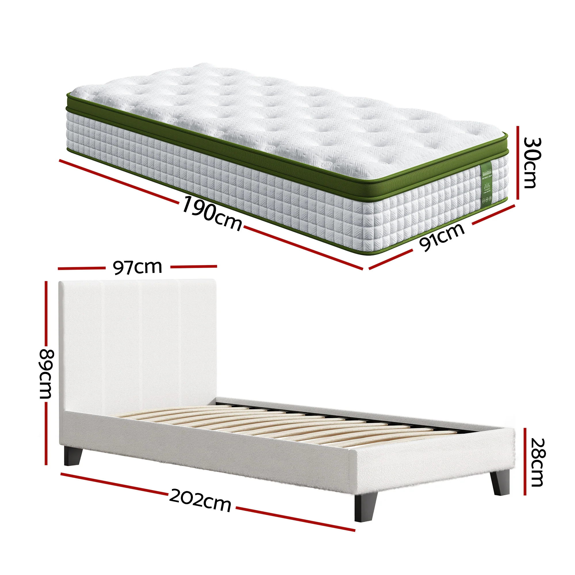 Artiss Single Bed Frame with Hybrid Mattress Set 30cm Medium Firm Platform Headboard Boucle Upholstered Pocket Coil for Pressure Relief - Image 2