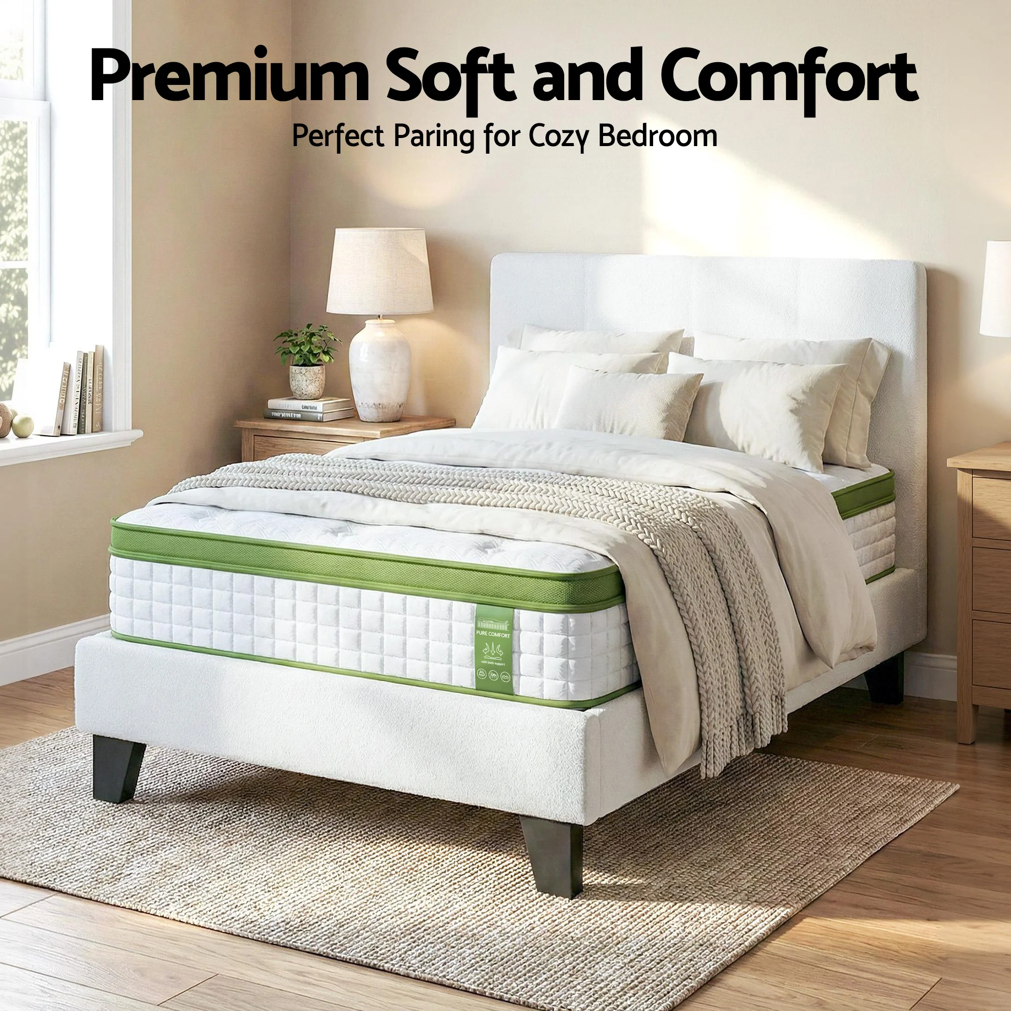 Artiss Single Bed Frame with Hybrid Mattress Set 30cm Medium Firm Platform Headboard Boucle Upholstered Pocket Coil for Pressure Relief - Image 4