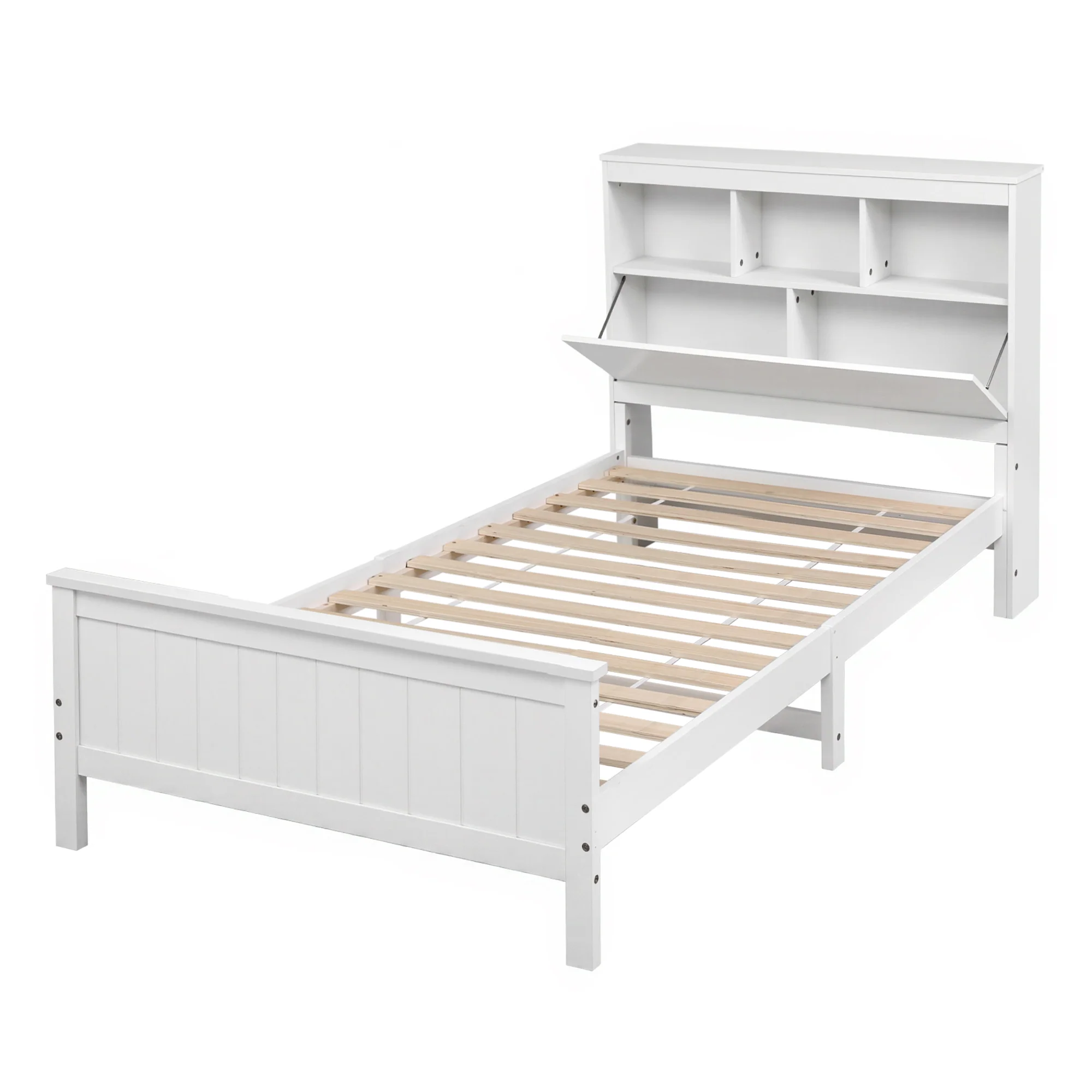 Artiss Single Bed Frame with Storage Headboard and Footboard Wooden Bed Base White - Image 2