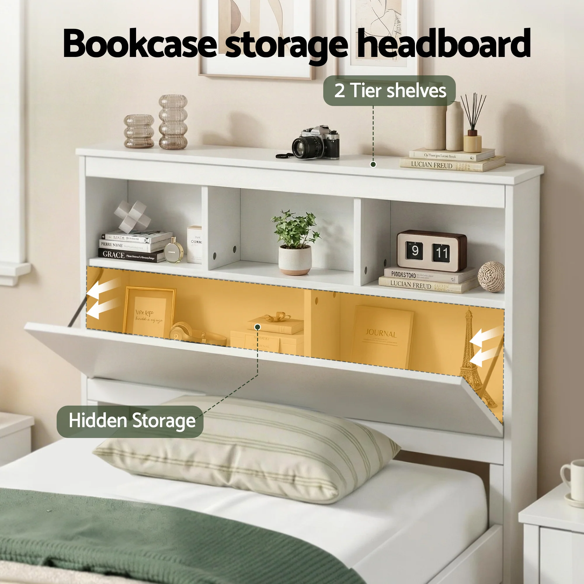 Artiss Single Bed Frame with Storage Headboard and Footboard Wooden Bed Base White - Image 5
