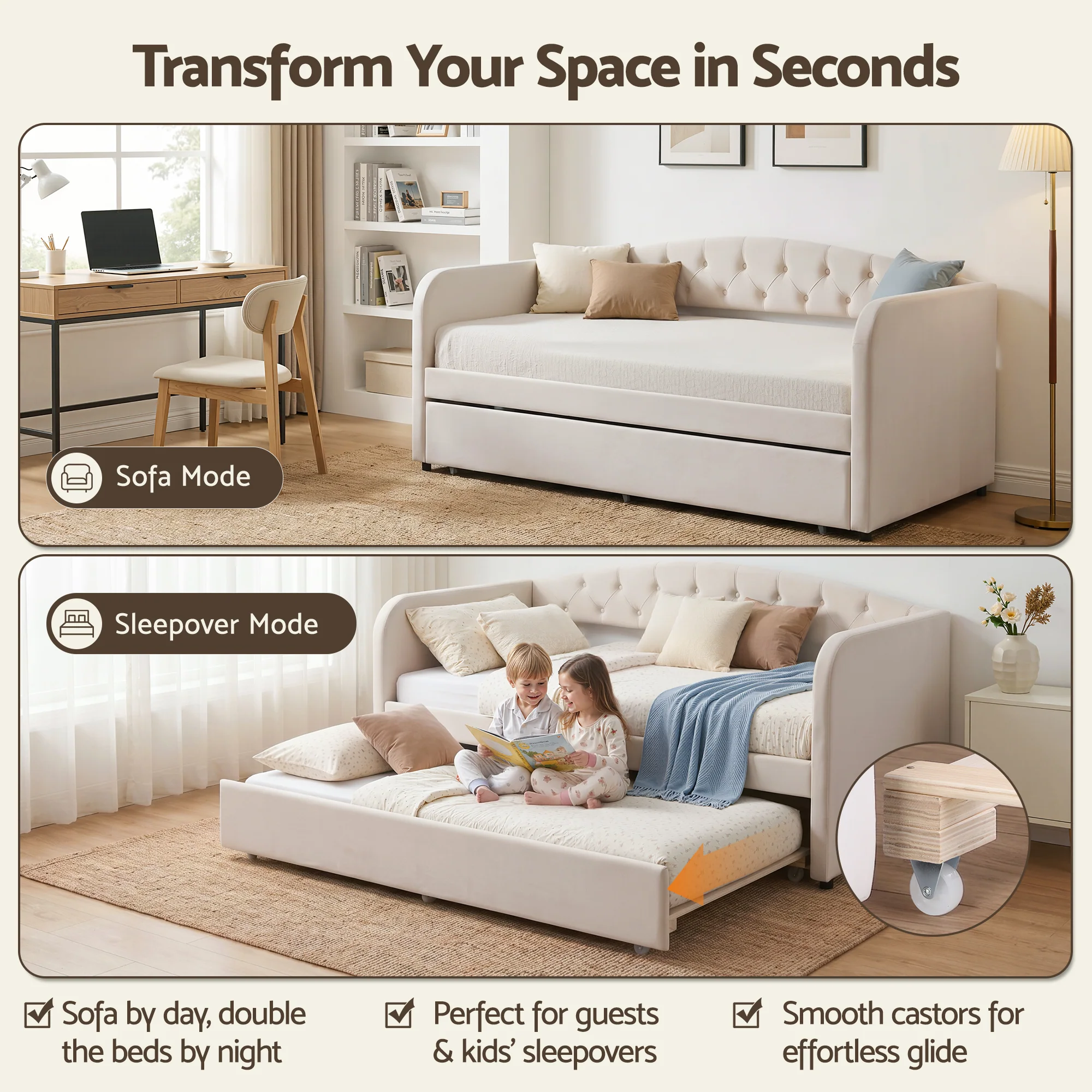 Artiss Single Daybed Velvet Trundle Bed Frame Tufted Guest Bed - Image 5