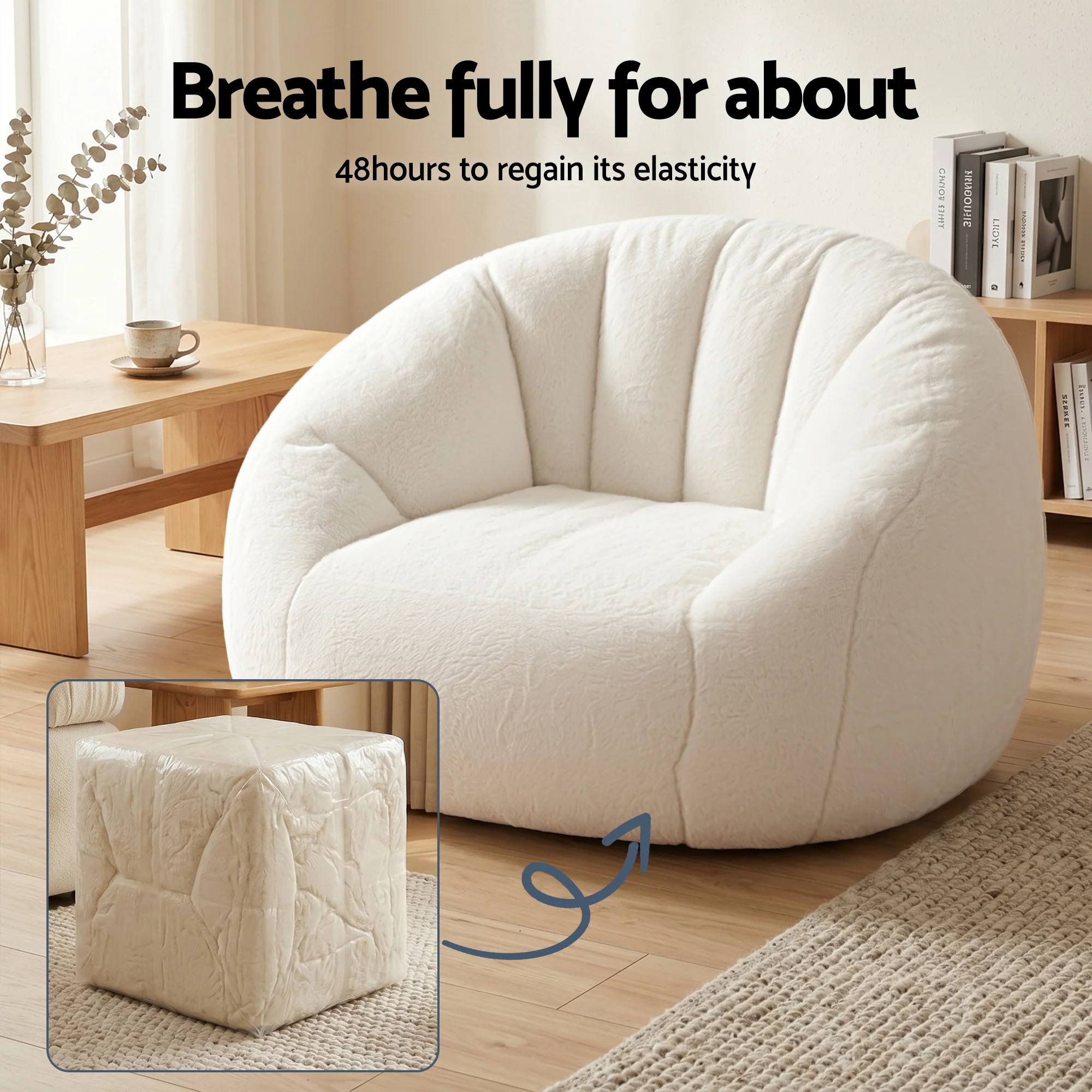 Artiss Single Small Boneless Couch Comfy Bean Bag for Living Room Faux Fur White - Image 5