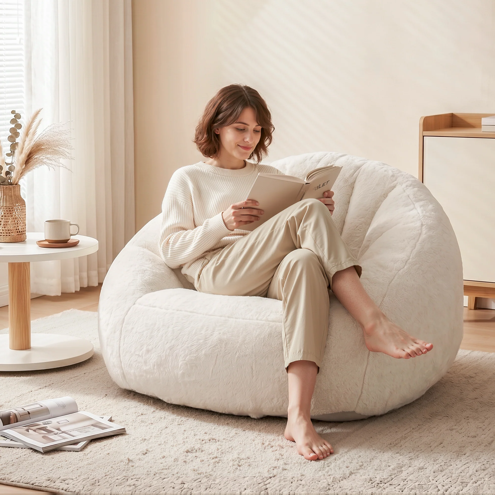 Artiss Single Small Boneless Couch Comfy Bean Bag for Living Room Faux Fur White - Image 6