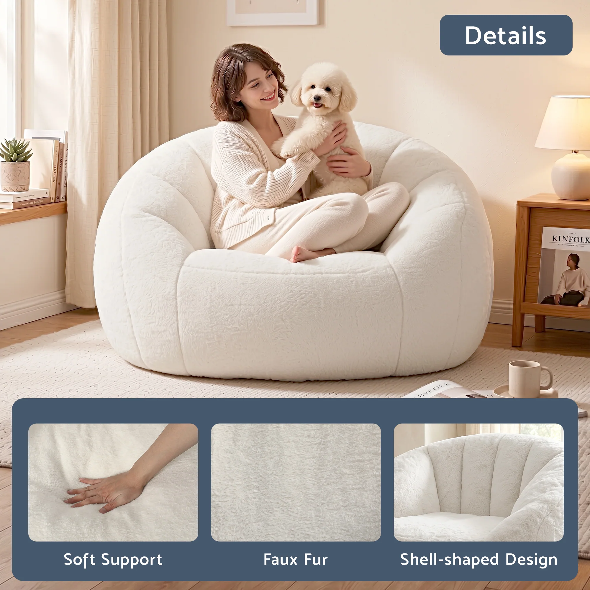 Artiss Single Small Boneless Couch Comfy Bean Bag for Living Room Faux Fur White - Image 7