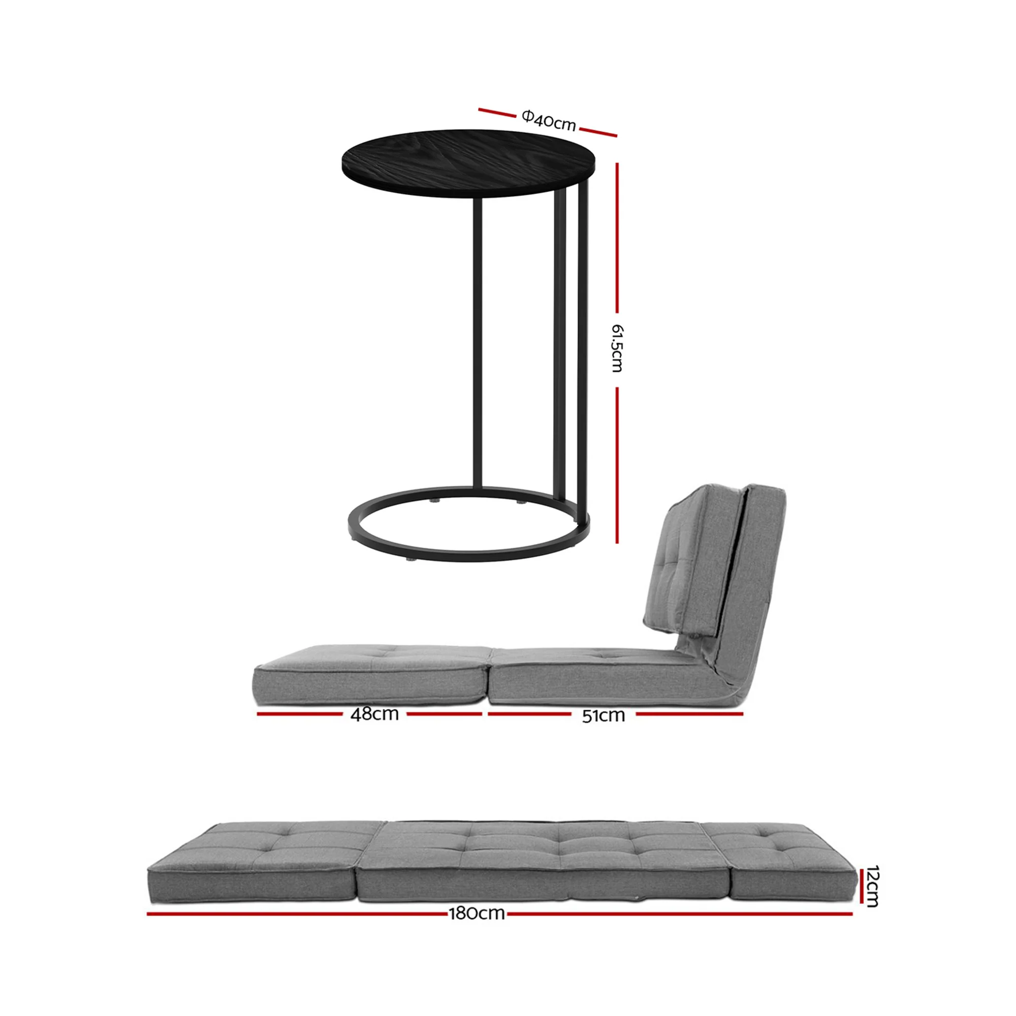Artiss Single Sofa Bed and Side Table Set, Adjustable Recliner Narrow End Table - Image 3