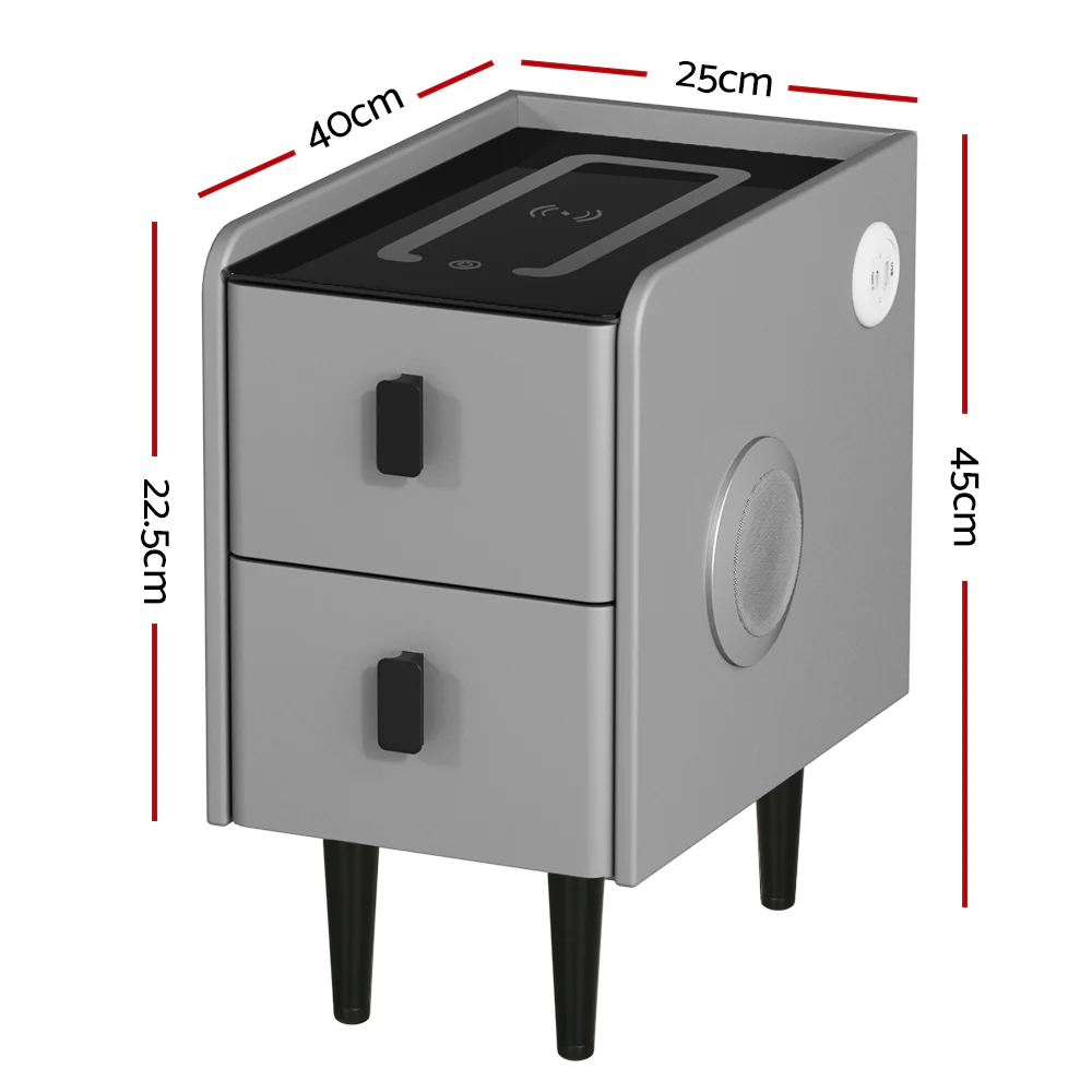 Artiss Smart Bedside Table 2 Drawers with Wireless Charging Ports LED Grey AIDA - Image 2