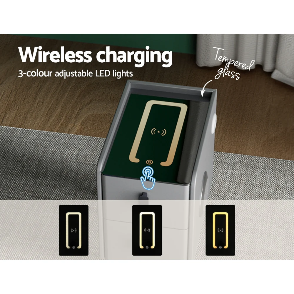 Artiss Smart Bedside Table 2 Drawers with Wireless Charging Ports LED Grey AIDA - Image 4